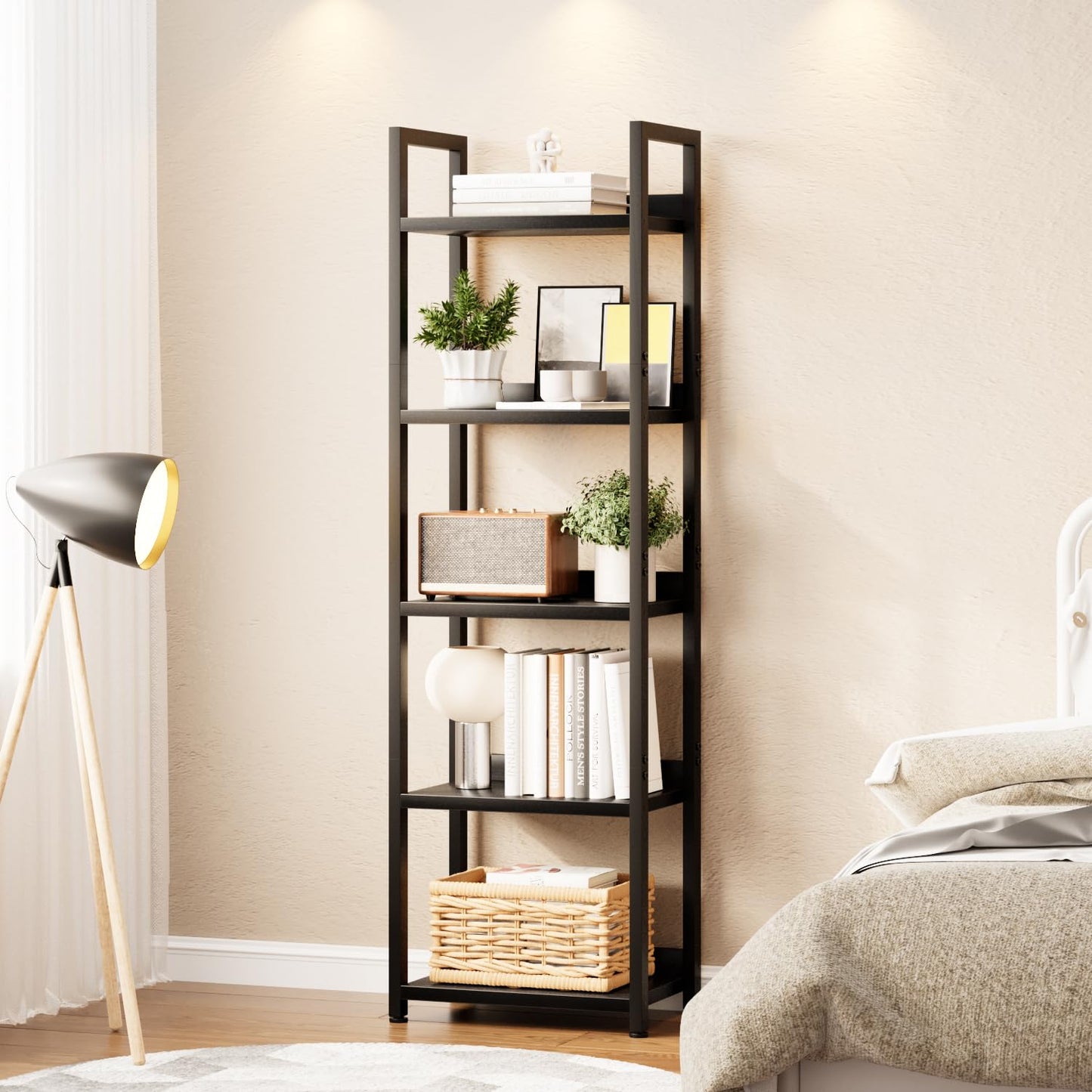 APPOLYN 5 Tier Slim Bookshelf, Bookcase with Backboard, Black