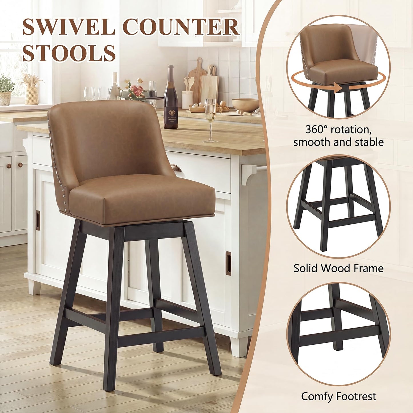 Bar Stools Set of 2, 360° Swivel Upholstered Counter Stools with Back, Wooden Frame Kitchen Bar Chairs with Nailhead Trim