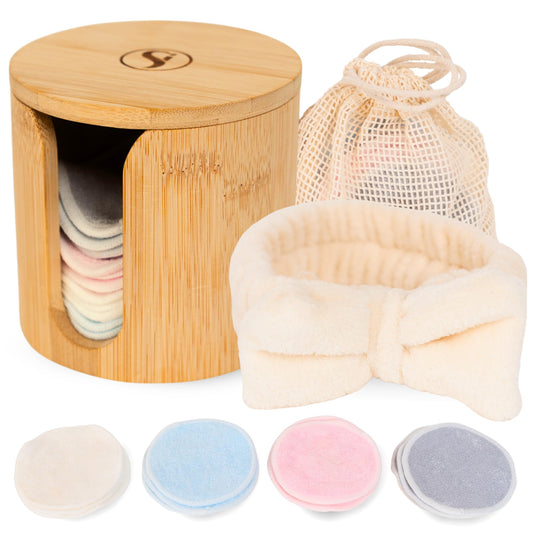 S&I Naturals Reusable Makeup Remover Pad Set ? 16 Bamboo Cotton Rounds with Jar, Headband & Laundry Bag ? Eco-Friendly, Washable Face Pads ? Zero