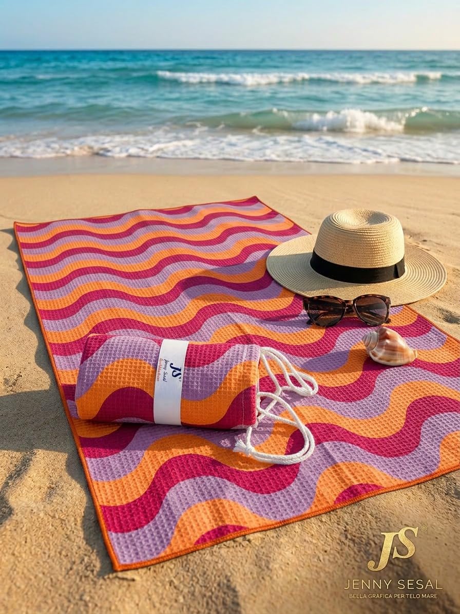 Jenny Sesal Elegant Wave Beach Towel - Maxi Size, Super Absorbent and Compact, Ideal for Beach, Pool and Gym (Orange)