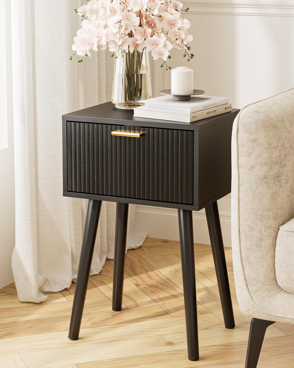 Apetaccat Bedside Table, Side Table with Drawer and Long Wooden Leg, Black
