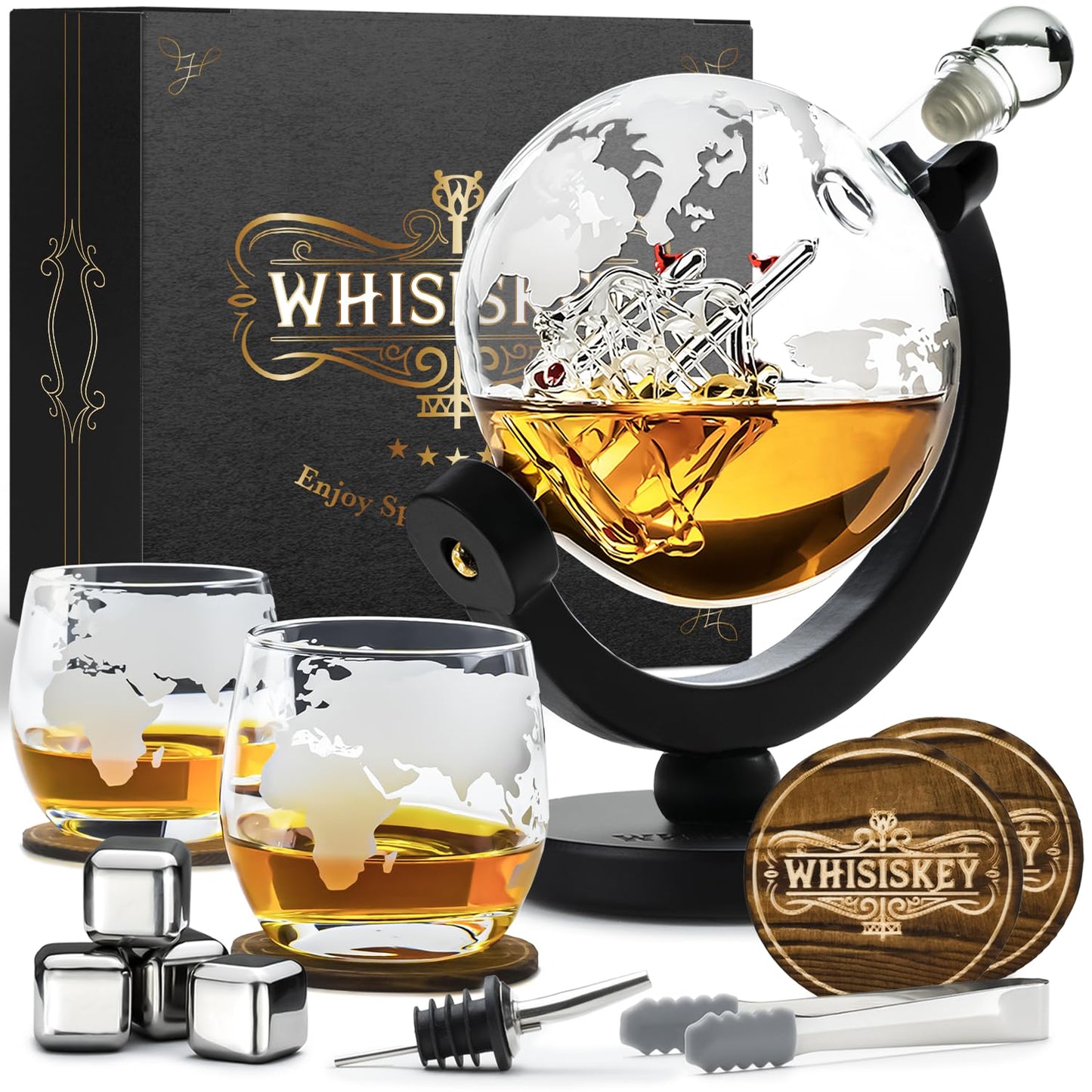 WHISISKEY - Whiskey Decanter Set - 900ML Globe Carafe - Whiskey Gift Sets for Men - Whisky Set - Glass Gifts for Men - Inc. 2 Whiskey Glasses, 4
