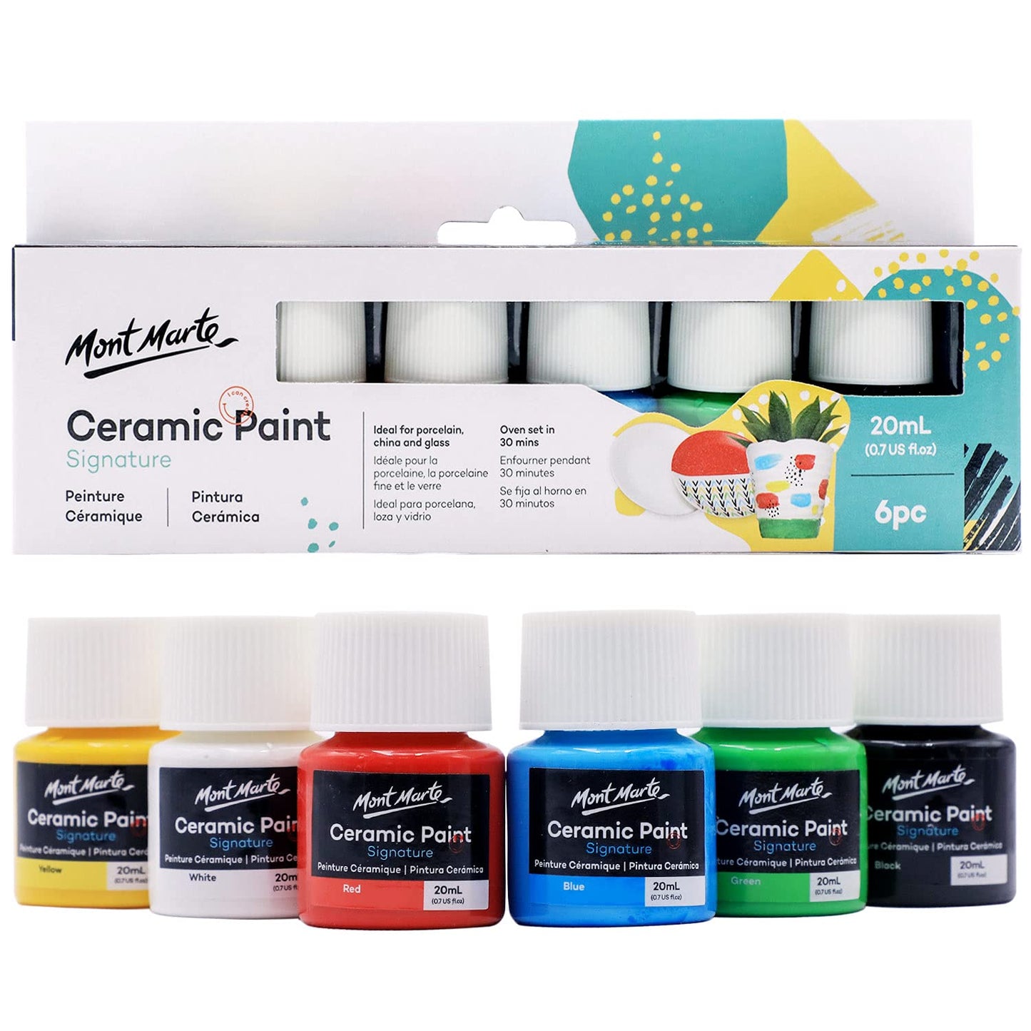 MONT MARTE Ceramic Paint Signature, 6 Mixable Colours, 20ml (0.7oz) bottles, Paint for Porcelain, China and Glass, Art and Craft Supplies for DIY