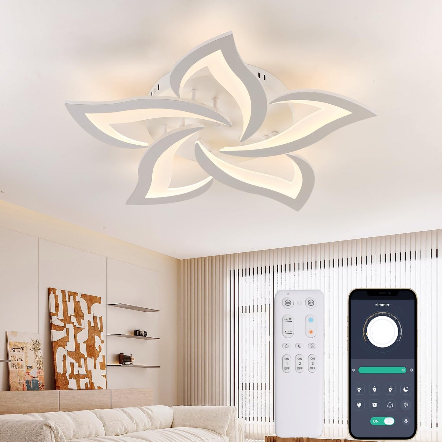 Creative Dimmable LED Ceiling Light, 24W 2400lm, Modern Petal LED Ceiling Lamp, Dimmable 3000K - 6000K, Acrylic Panel Ceiling Lights for Living Room,