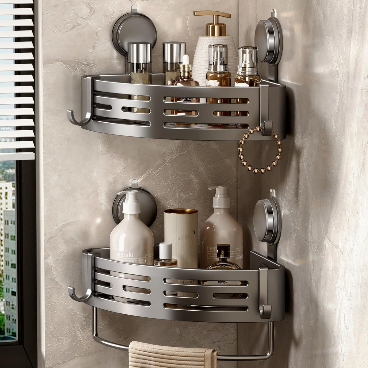 Voldra Corner Shower Caddy Suction Cup, Shower Shelf Coner No Drilling Bathroom Coner Shelves Suction Shower Organiser Rack Adhesive Corner Caddy with