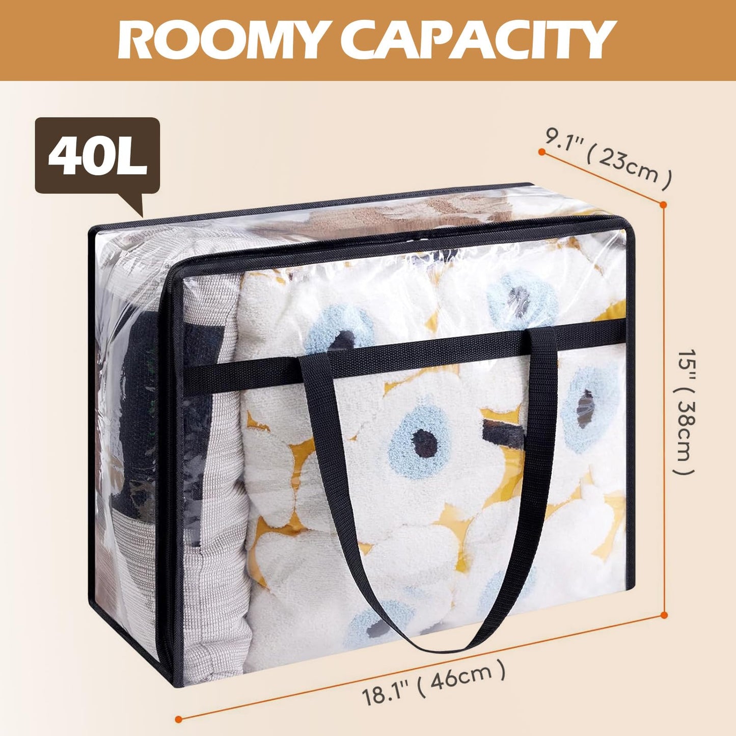5 Pack Clear Plastic Storage Bags, 40L Foldable Clothes Storage Bags with Zips Laundry Packing Bags with Reinforced Handle Bedding Moving Bags