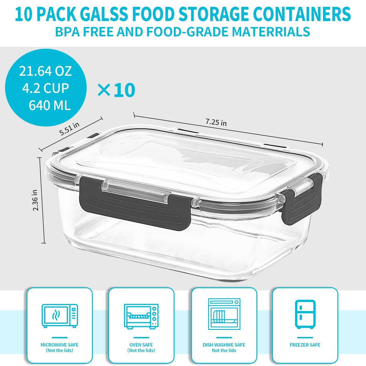 Skroam 10 Pack Glass Meal Prep Containers, Glass Airtight Food Storage Containers with Lids, Pantry Kitchen Storage Containers for Lunch, Food