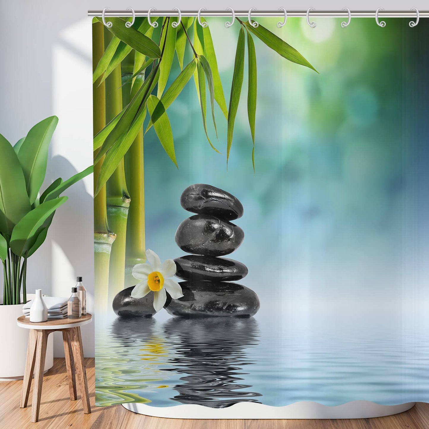 Hnmdmyi Zen Garden Shower Curtain 180x200, Spa Green Bamboo Black Stone White Flower Bathroom Curtains Japanese Meditation Relaxing Waterproof