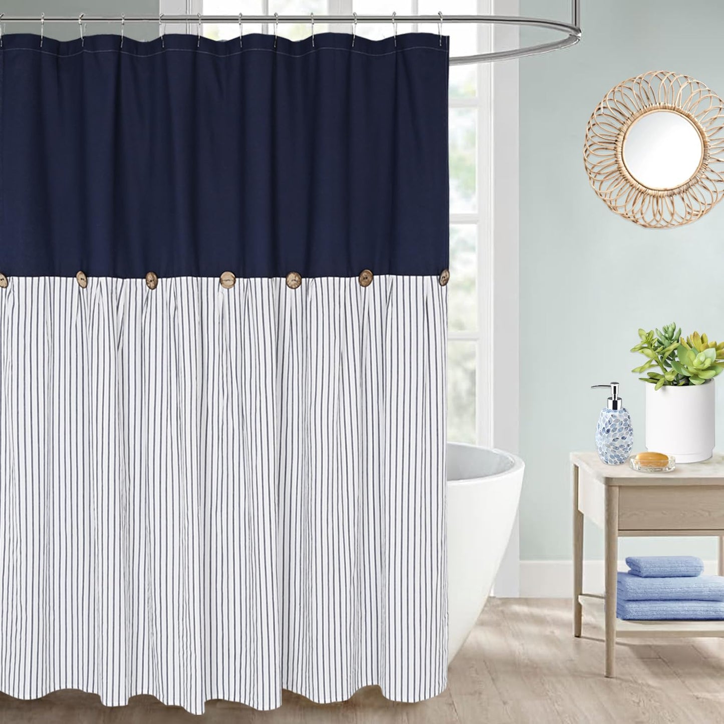 DOSLY ID?ES Farmhouse Navy Blue Shower Curtain for Bathroom,Beige and Navy Stripe,Button Curtain,Cotton Blend Woven Fabric,Rustic Charm Country Chic