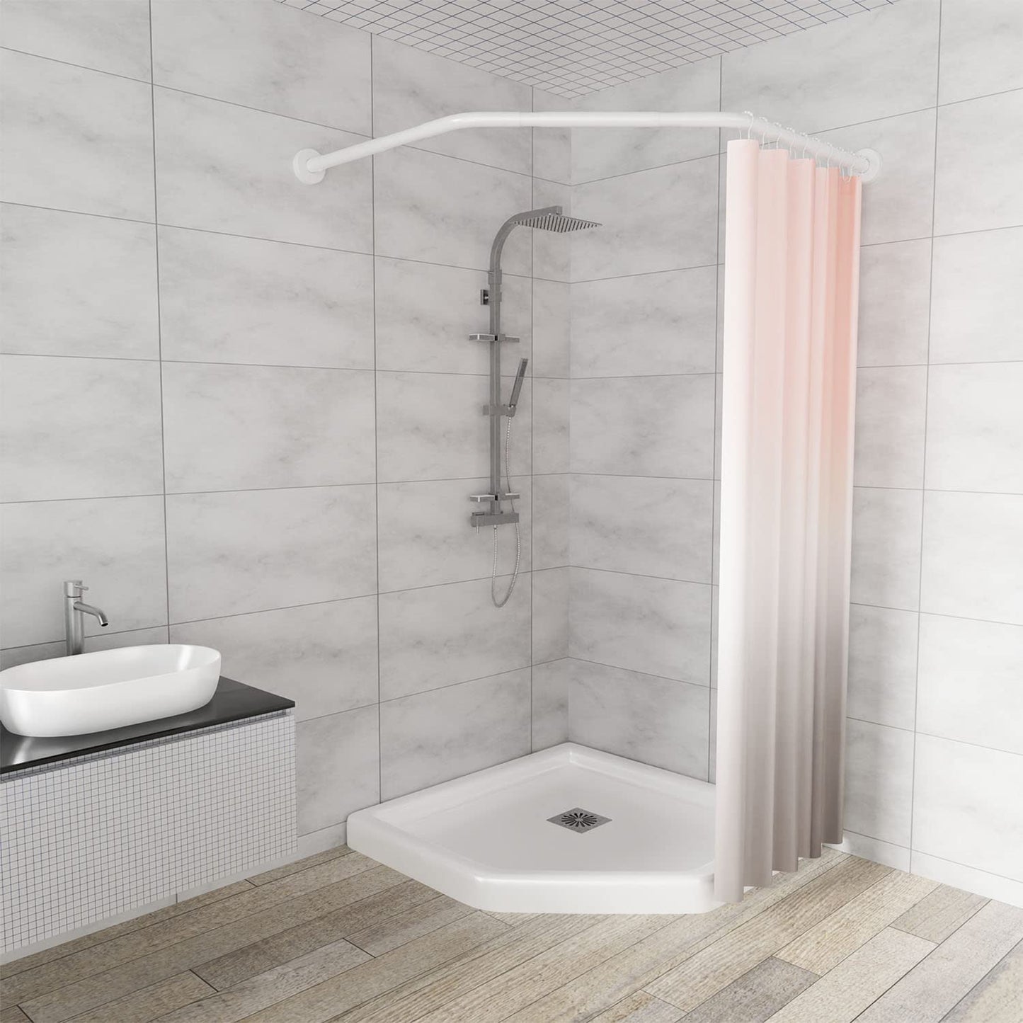 Diamond Shaped Shower Curtain Rail Rack (Both Sides: 43-65cm, Middle:51-66cm) Stretchable True 304 Stainless Bathroom Bathtub Corner Rack White