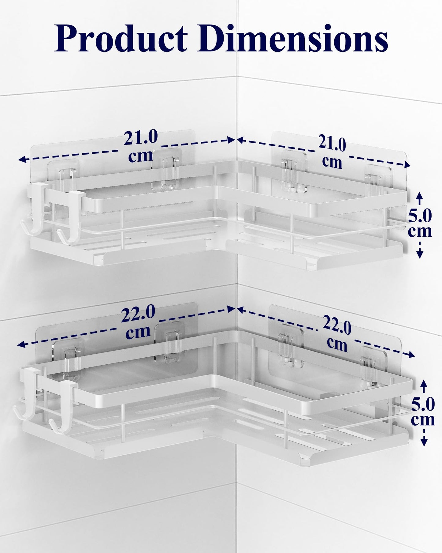 Kitsure Corner Shower Caddy – 2-Pack Adhesive Bathroom Shelves, White, L