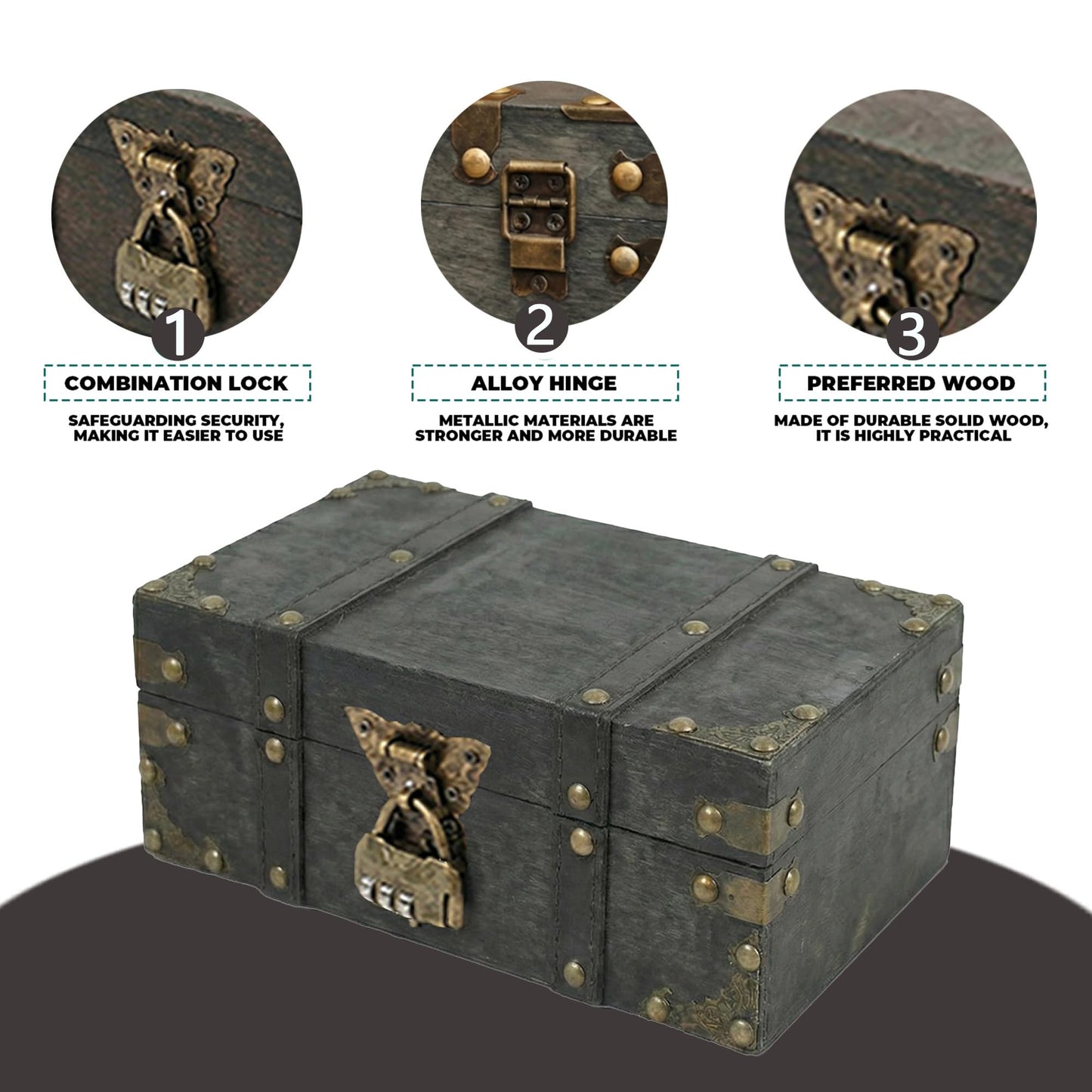 SZHUGEKI Vintage Wooden Treasure Chest Box with Lock, 24 x 17 x 9.5 cm