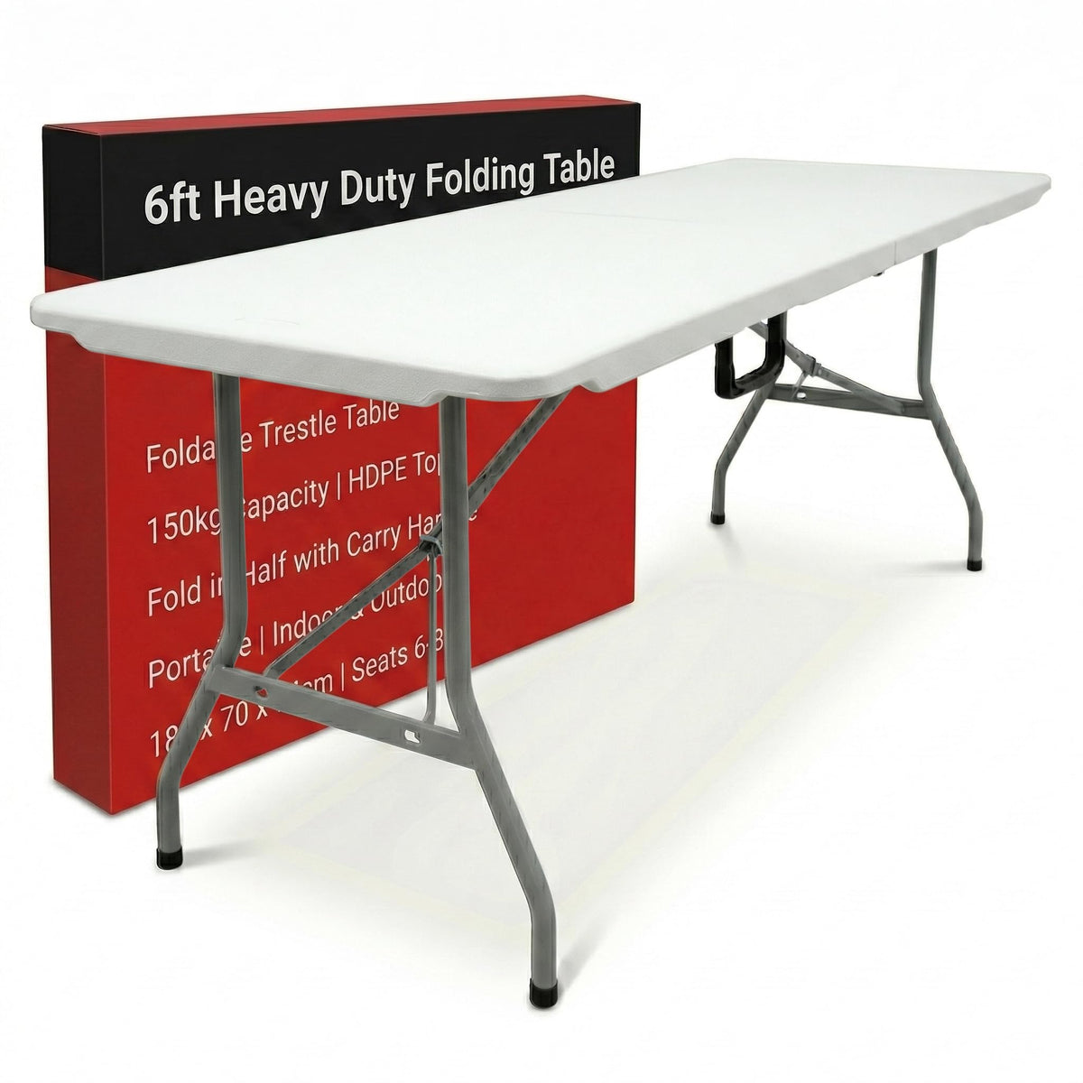 Build Rapido 6ft Heavy Duty Folding Table - Foldable Trestle Table Fold in Half with Carry Handle - 150kg Capacity HDPE Top
