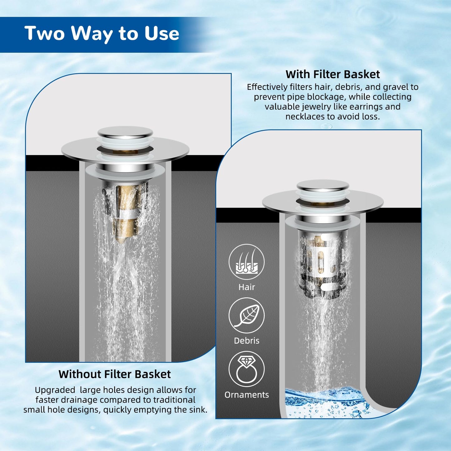 Hibbent Sink Plug with Removable Stainless Steel Filter Basket, Chrome