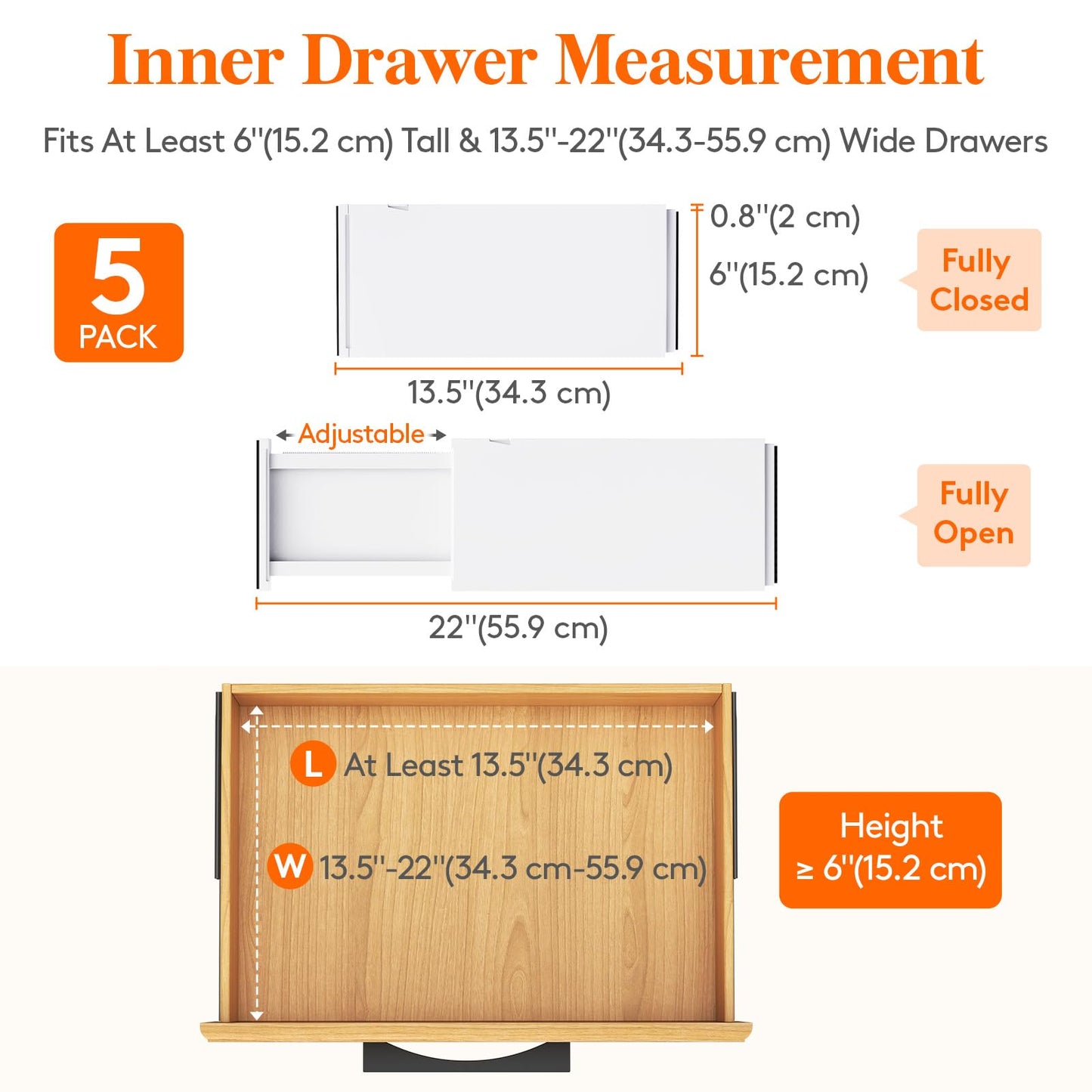 Lifewit 5 Pack Drawer Dividers Plastic 6" High, 13.5-22" Adjustable Drawer Organisers for Clothes, Expandable Dresser Separators in