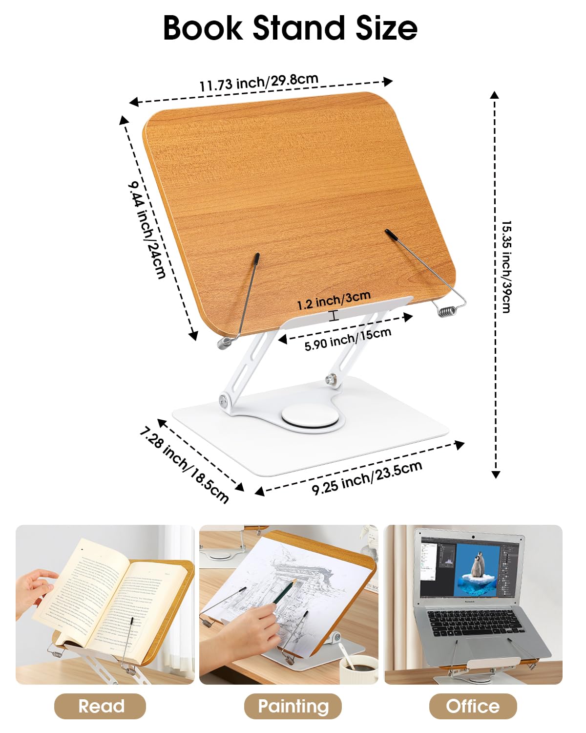 Wooden Book Stand for Reading, 360°Adjustable Book Holder Foldable Recipe Cook Book Stand for Kitchen Book Display Stand with Elastic Page Clips for