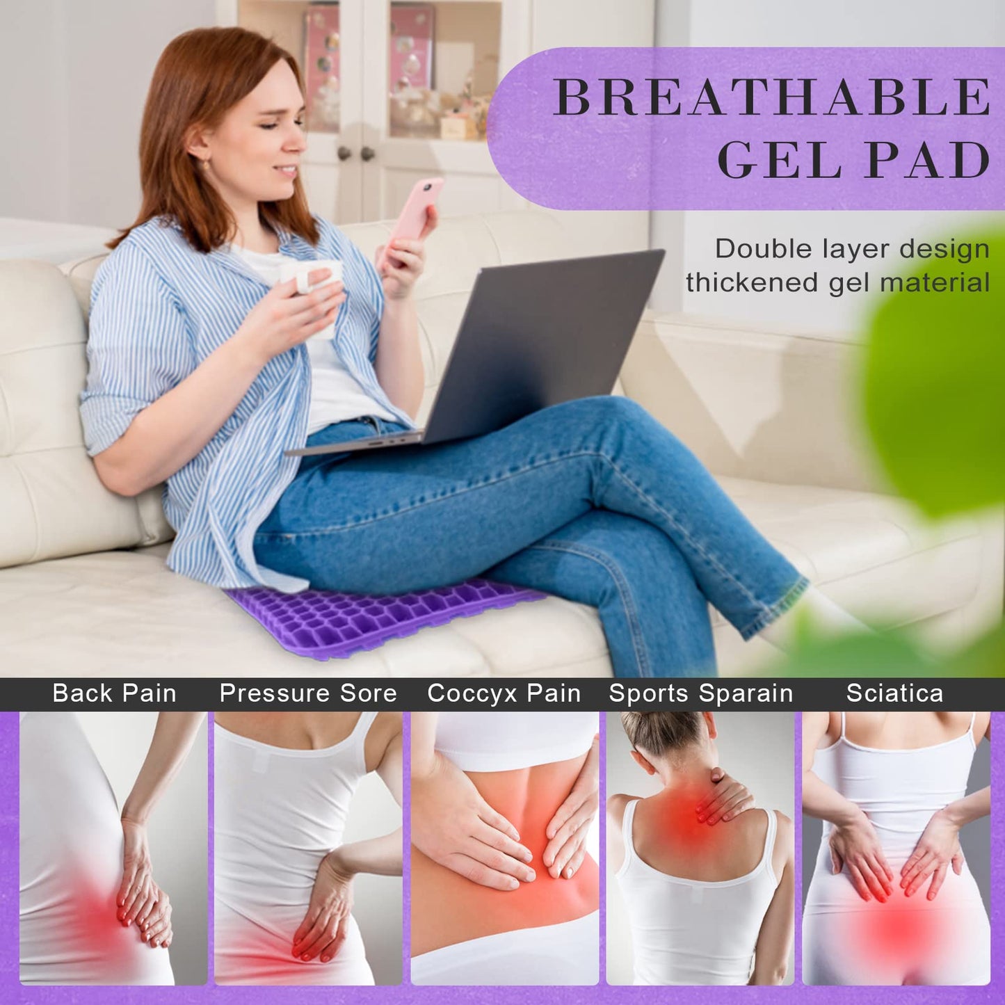 Gel Seat Cushion, Double Thick Breathable Seat Cushion Cool Gel Cushion Honeycomb Design,Breathable Lumbar Cushion With Non-Slip,Pressure Pain relief