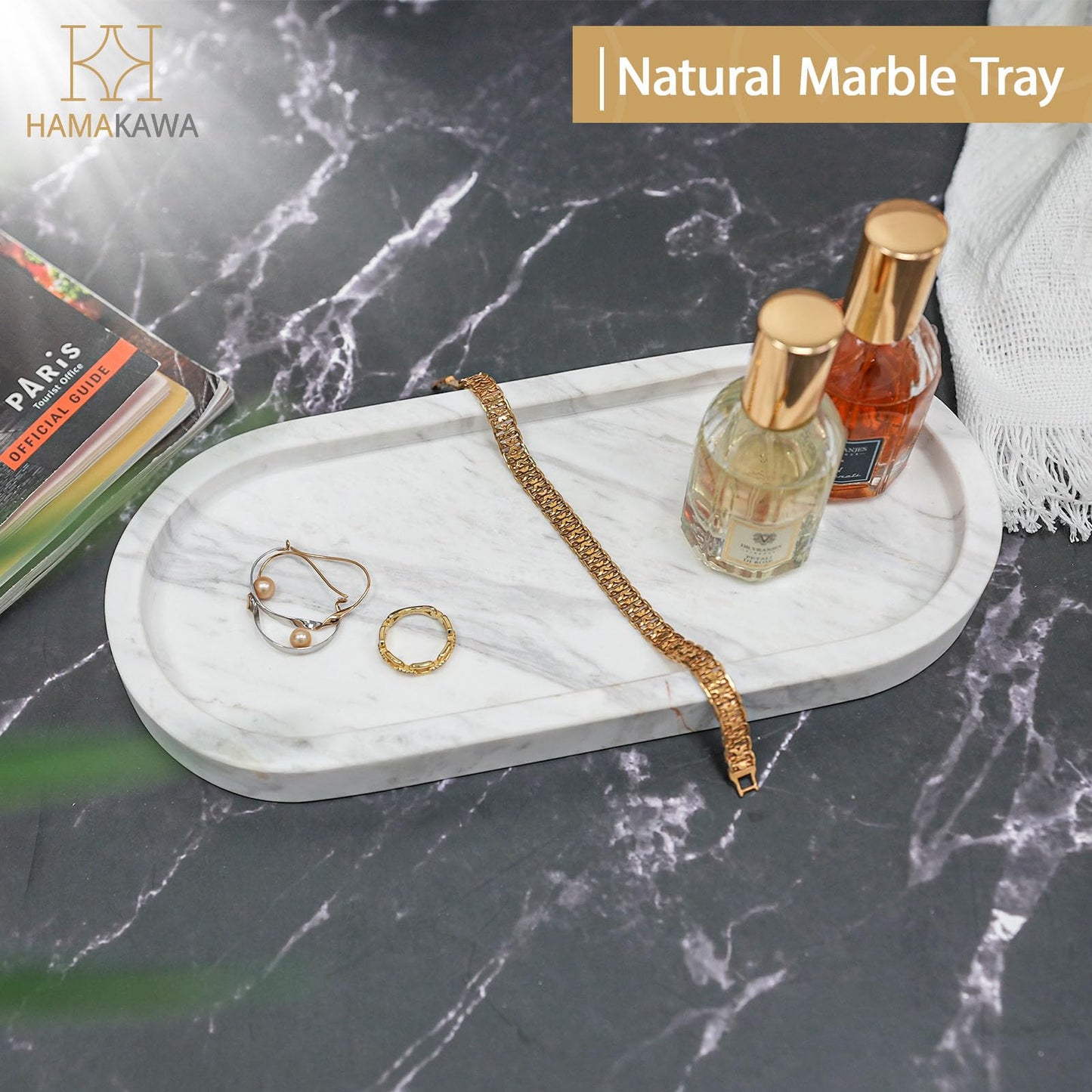 HAMAKAWA Oval Bathroom Vanity Tray, Large Natural Marble Tray 25cm / 10 inch, Volakas White Stone Soap Trays, Modern Perfume Trays