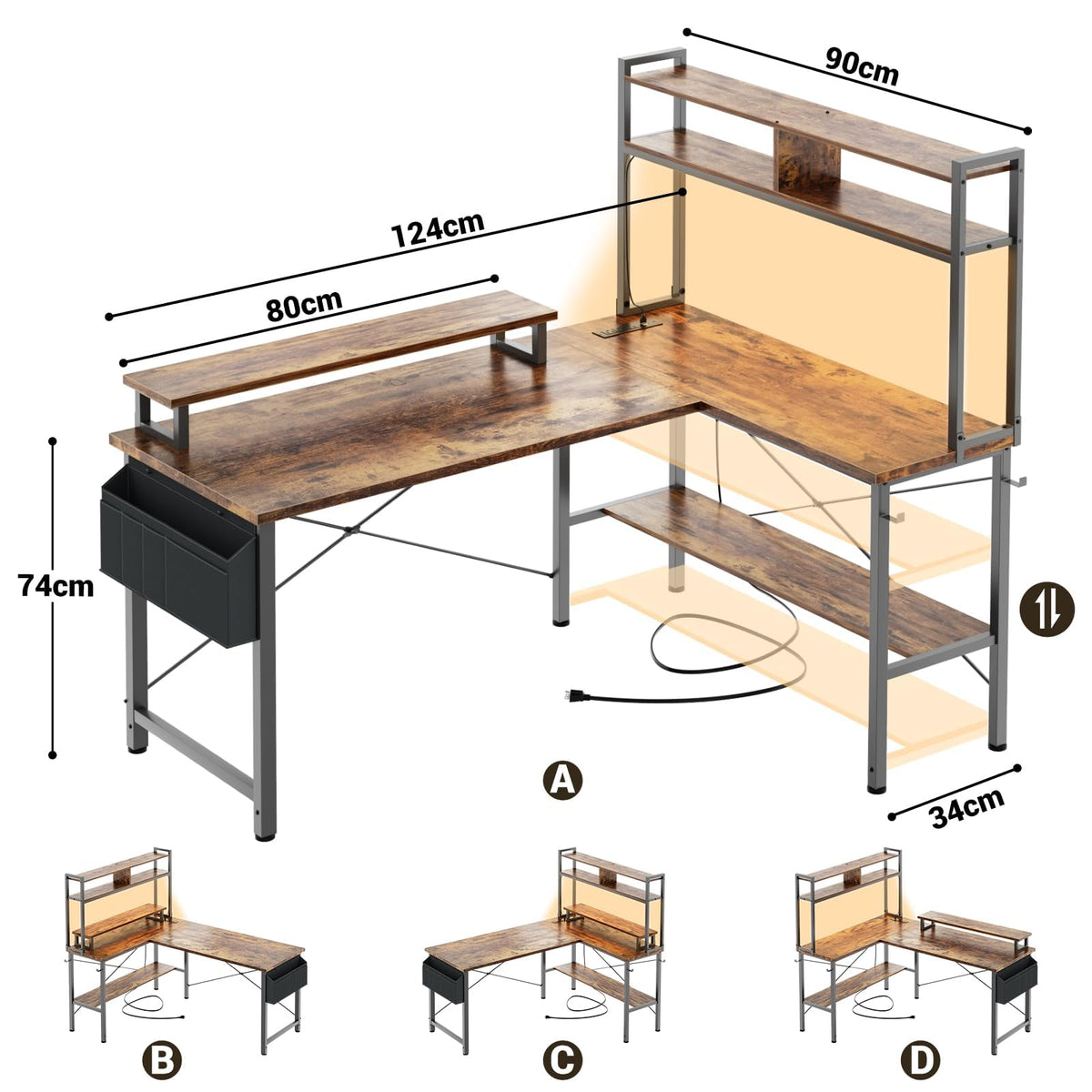 iSunirm L Shaped Gaming Desk with Power Outlets & LED Lights, Small L- Shaped Computer Corner Desk with Monitor Stand & Storage Shelf