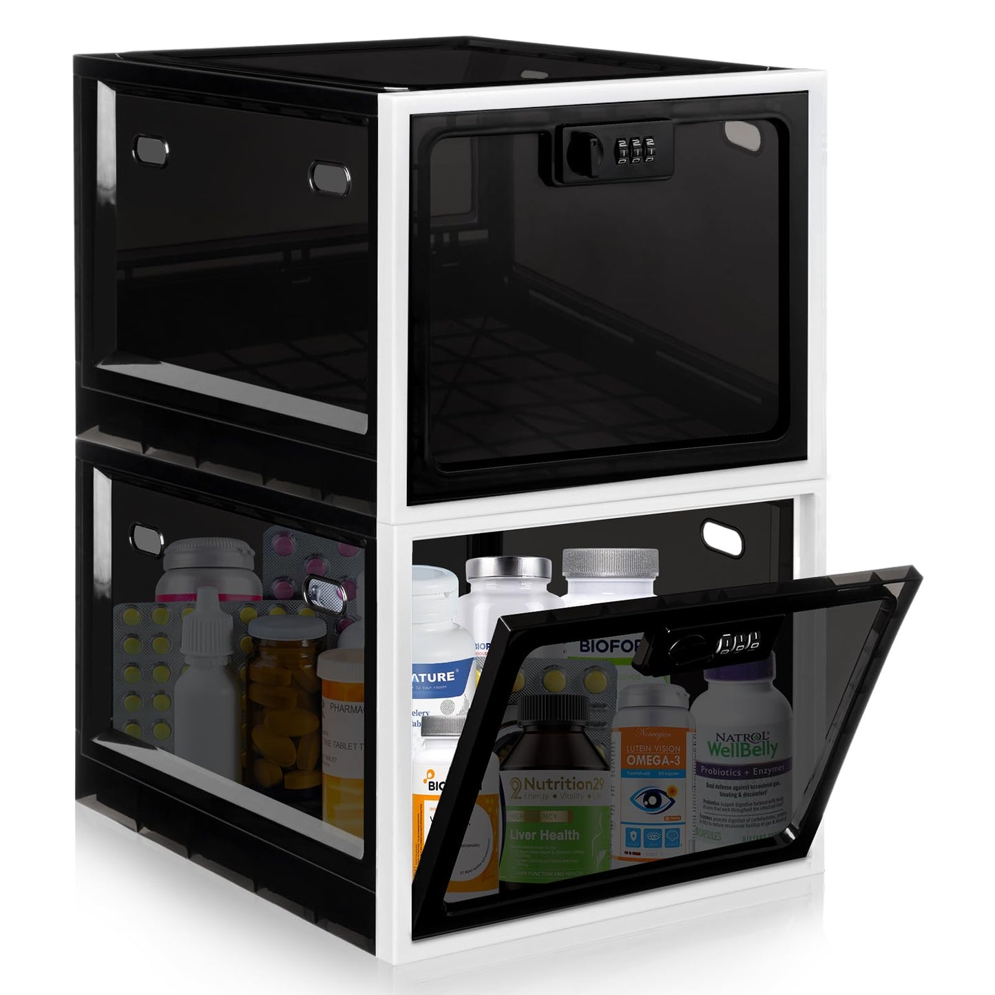 Gemaxvoled Lockable Medicine Box, Medicine Storage Box, Premium Material Lockable Storage Bin Organiser Box for Fridge Food/Snacks/Phone/Tablet