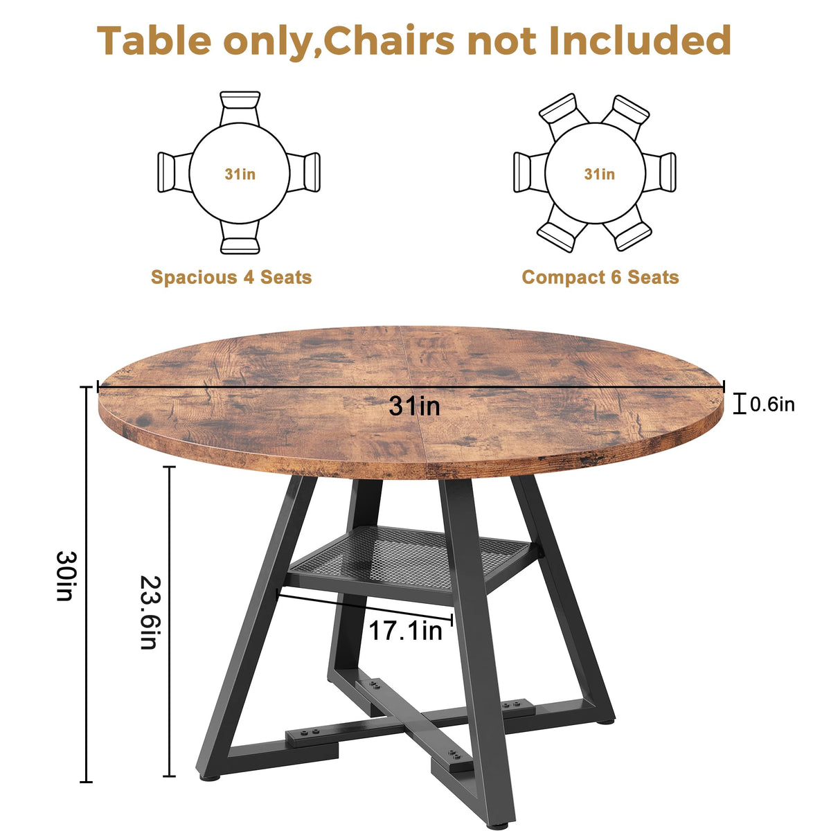 Jocoevol Round Dining Table for 2 People, Circle Dinner Table with Shelves, Space Saving Wood Kitchen & Dining Room Furniture (Vintage, 31 inch