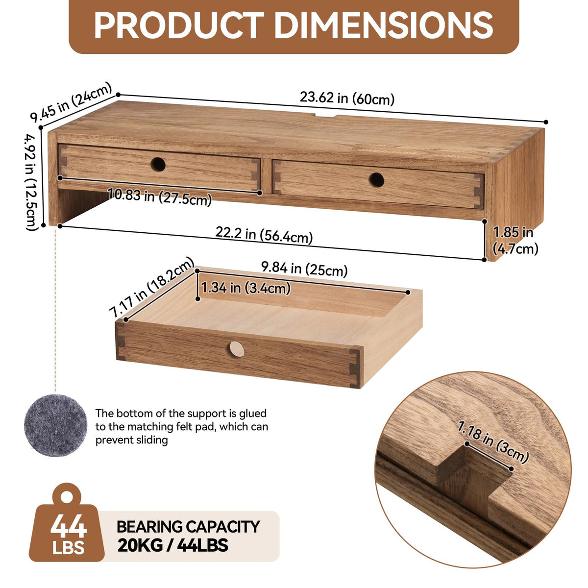 KIRIGEN Wood Monitor Stand with 2 Drawers Computer Arm Riser Desk Storage Organizer, TV Laptop Printer Stand,2-Tier Desktop Shelf Dark Brown