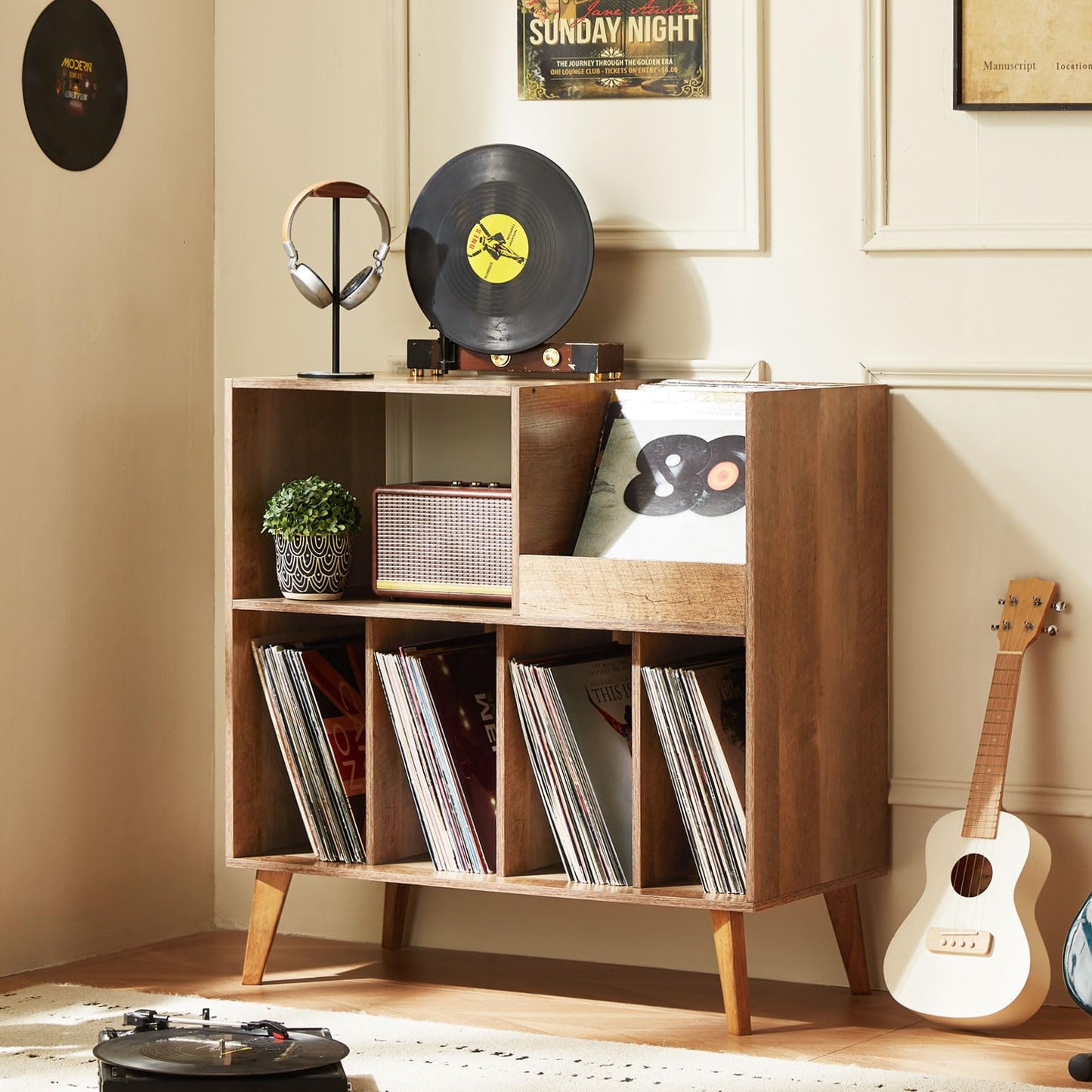 Large record stand with storage, record player stand with shelf, vinyl record holder with presentation surface, record stand for up to 300 albums