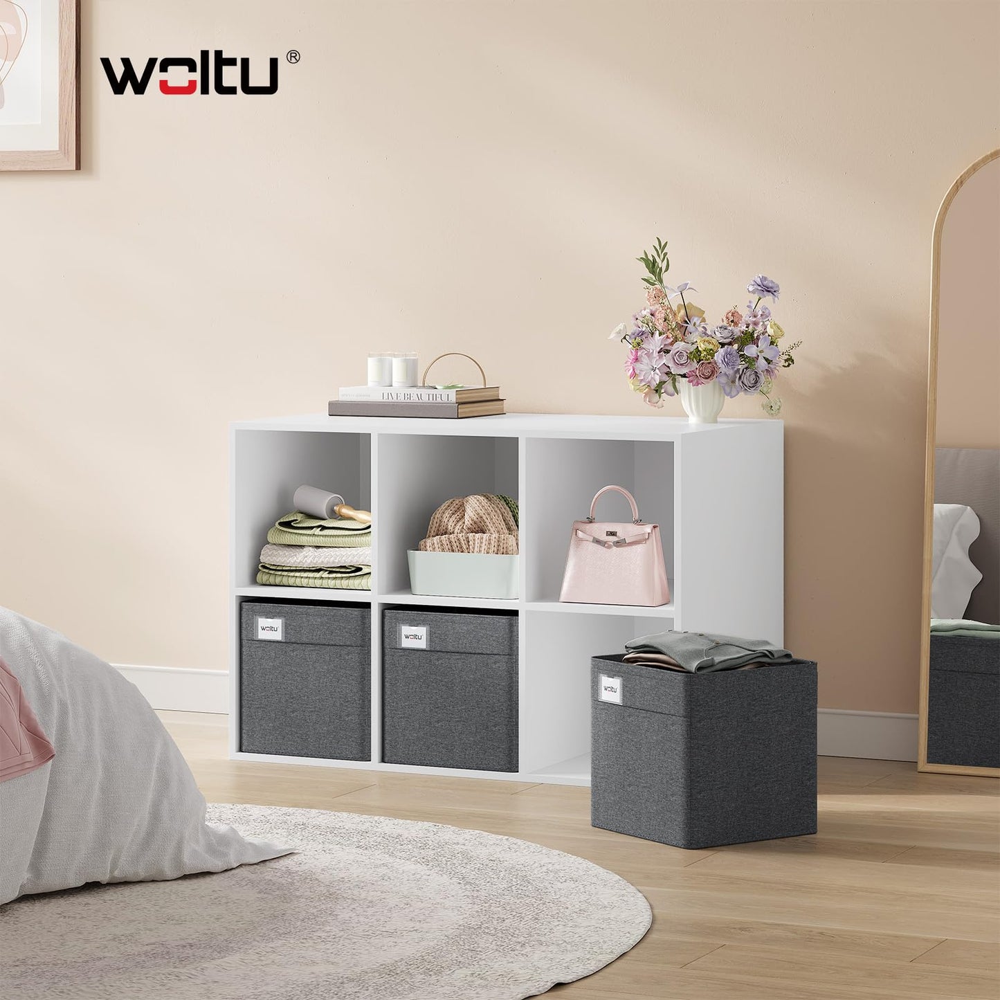 WOLTU Collapsible Storage Boxes Set of 3, Fabric Storage Cubes with Handles and Label Holders, Wardrobe Organisers for Shelves, Bedroom, Living Room