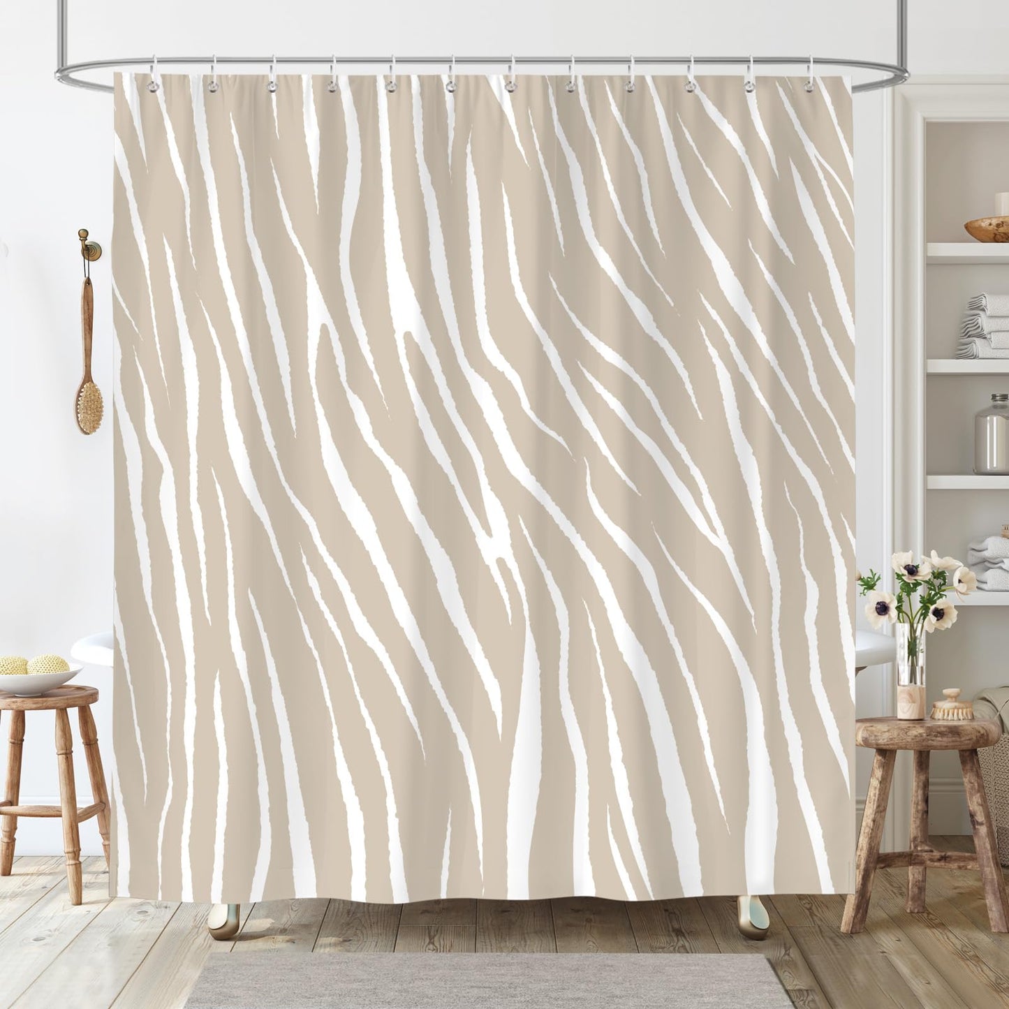 Dazzlewall Khaki Striped Shower Curtain, Geometric Abstract Print Bathroom Curtain 180x180cm, Waterproof Mildew & Mould Resistant Fabric with 12 Hooks