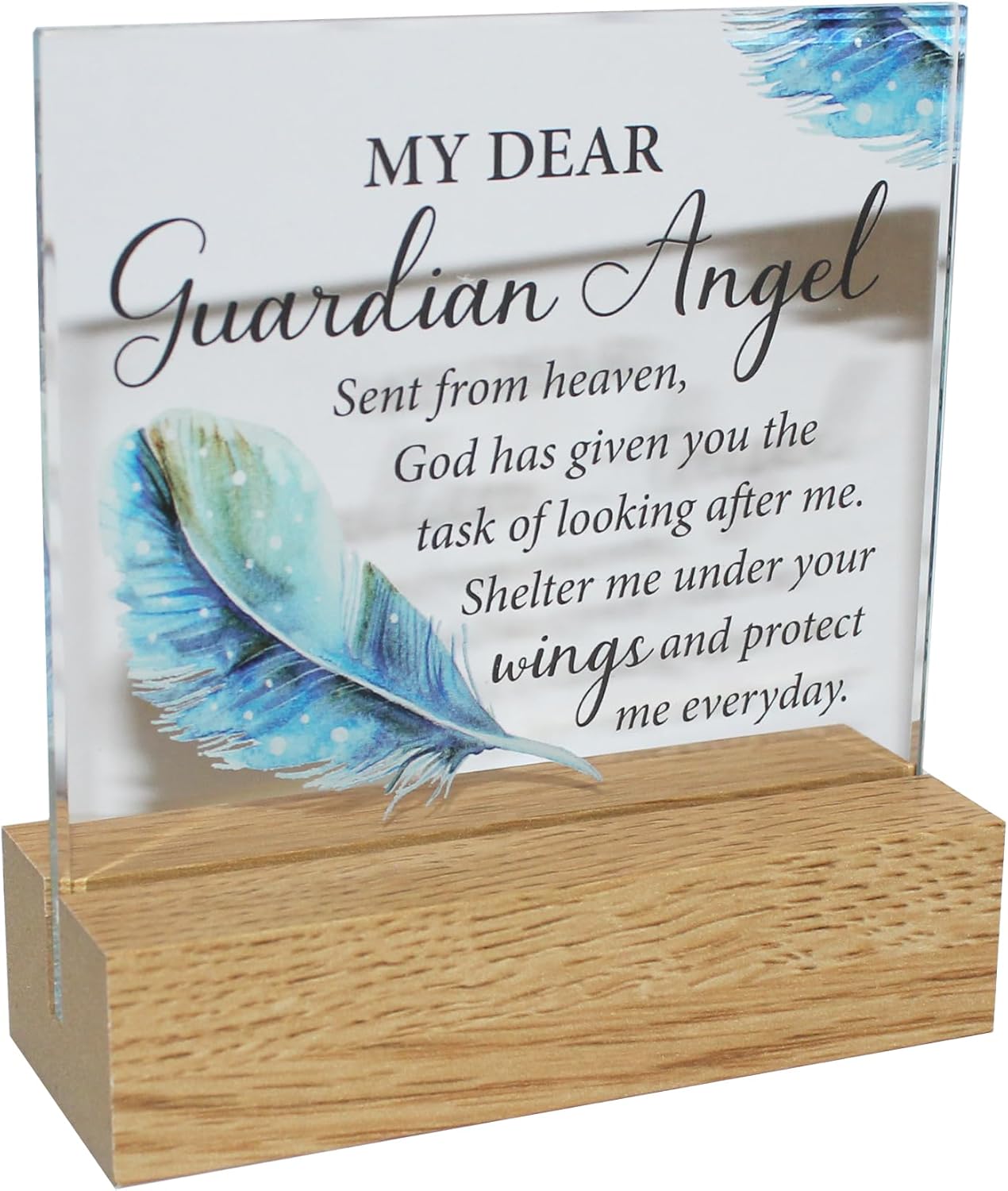 Memorial Glass Plaque on a Wooden Base - My Dear Guardian Angel