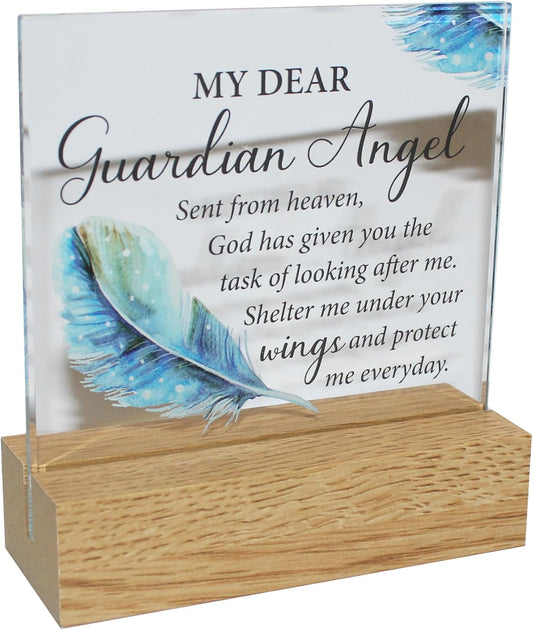 Memorial Glass Plaque on a Wooden Base - My Dear Guardian Angel