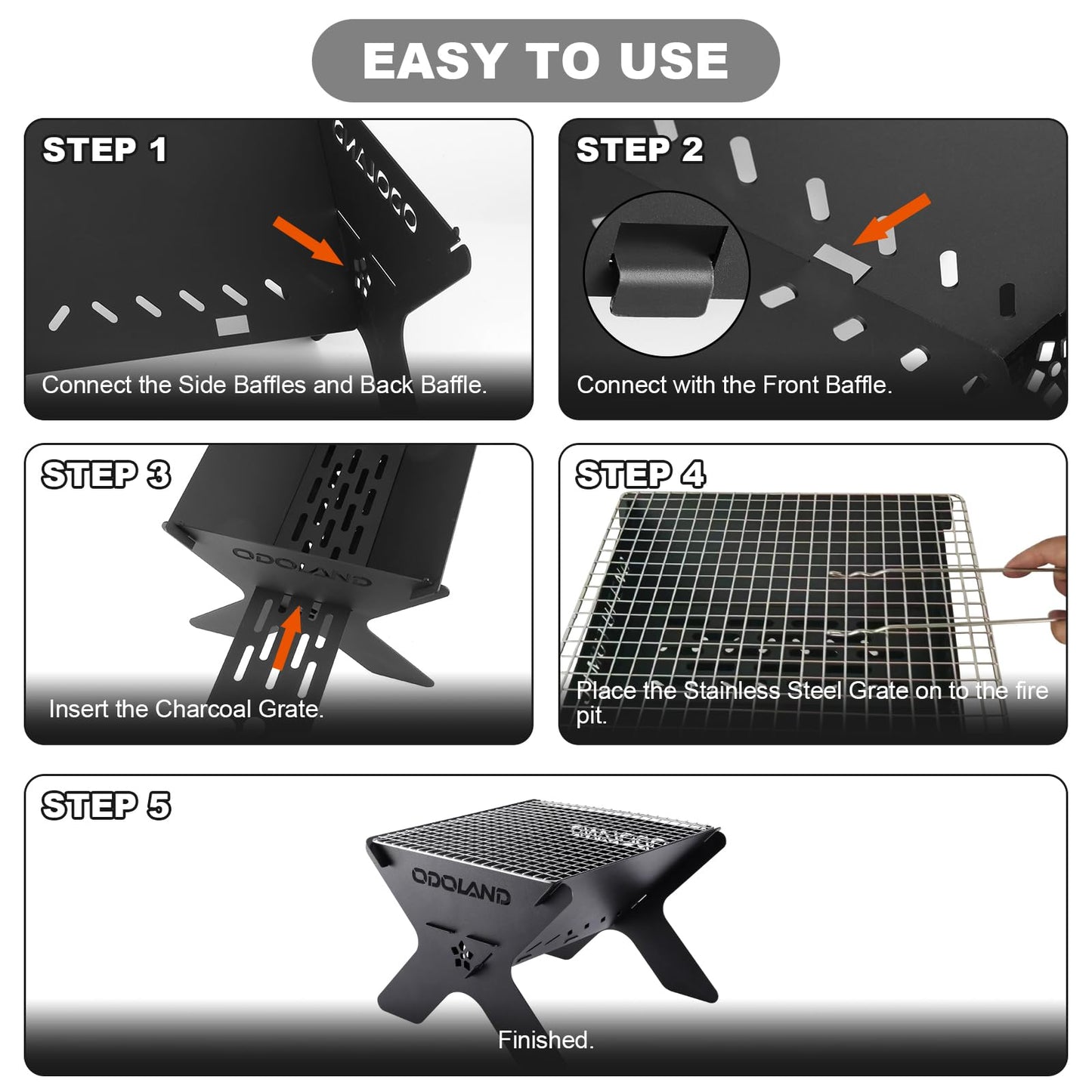 Odoland Camping Fire Pit, Portable Fire Pit for Camping, 2 in 1 Wood Burning Fire pit Grill with Detachable Cooking Grate for Outdoor BBQ, with Carry