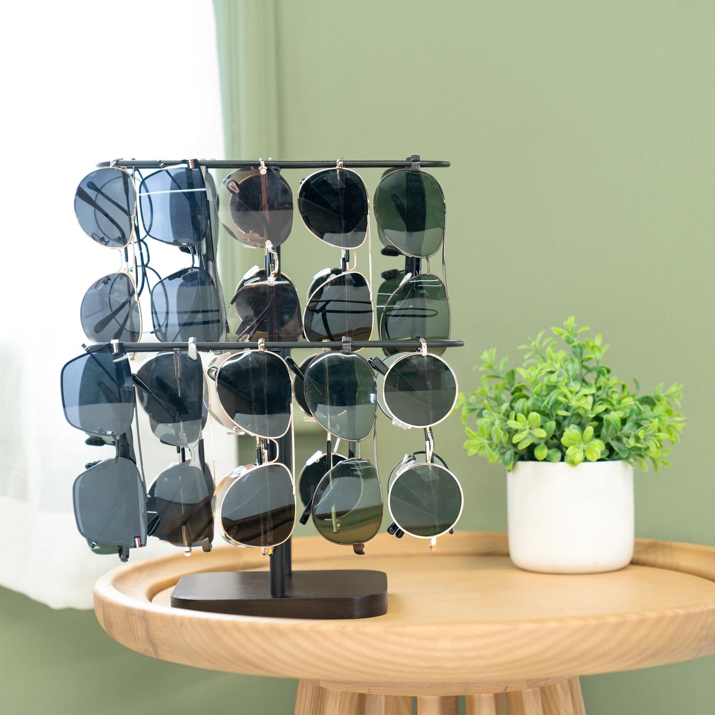 Mkono Sunglasses Organizer Glasses Holder Stand for 24 Pairs of Eyewear, 2 Tier Sunglass Storage Eyeglasses Display Rack Metal Frame with Wood Base