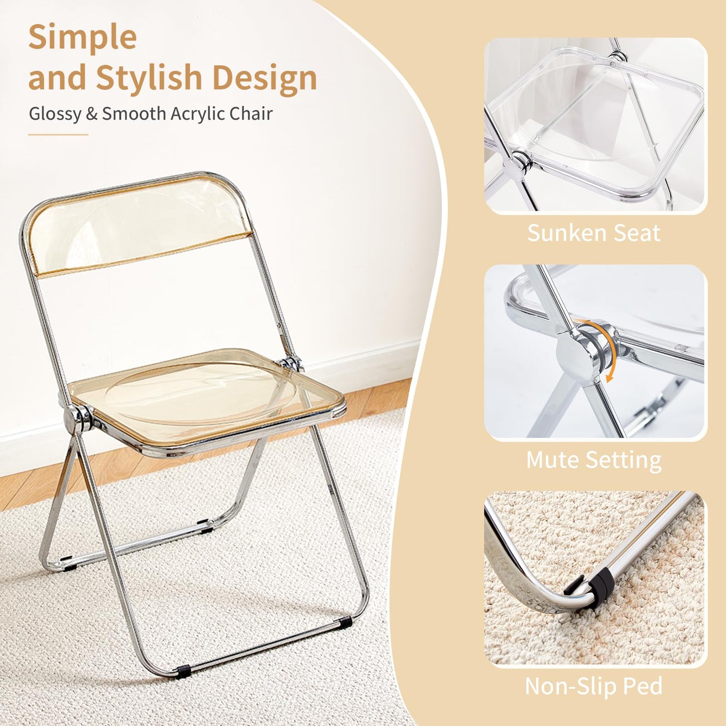 KAIHAOWIN Luxury Modern Acrylic Folding Chair Transparent Chairs-Ghost Stackable Crystal Folding Chair-PC Plastic Living Room Seat-Chrome Frame and