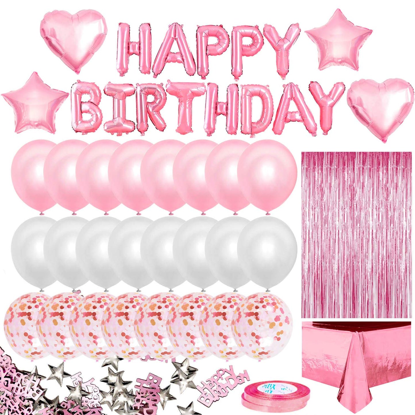 iZoeL Pink Birthday Party Decoration for Girls Happy Birthday Banner Baloons Fringe Curtain Foil Tablecloth Heart Star Foil Confetti Balloons and 10g