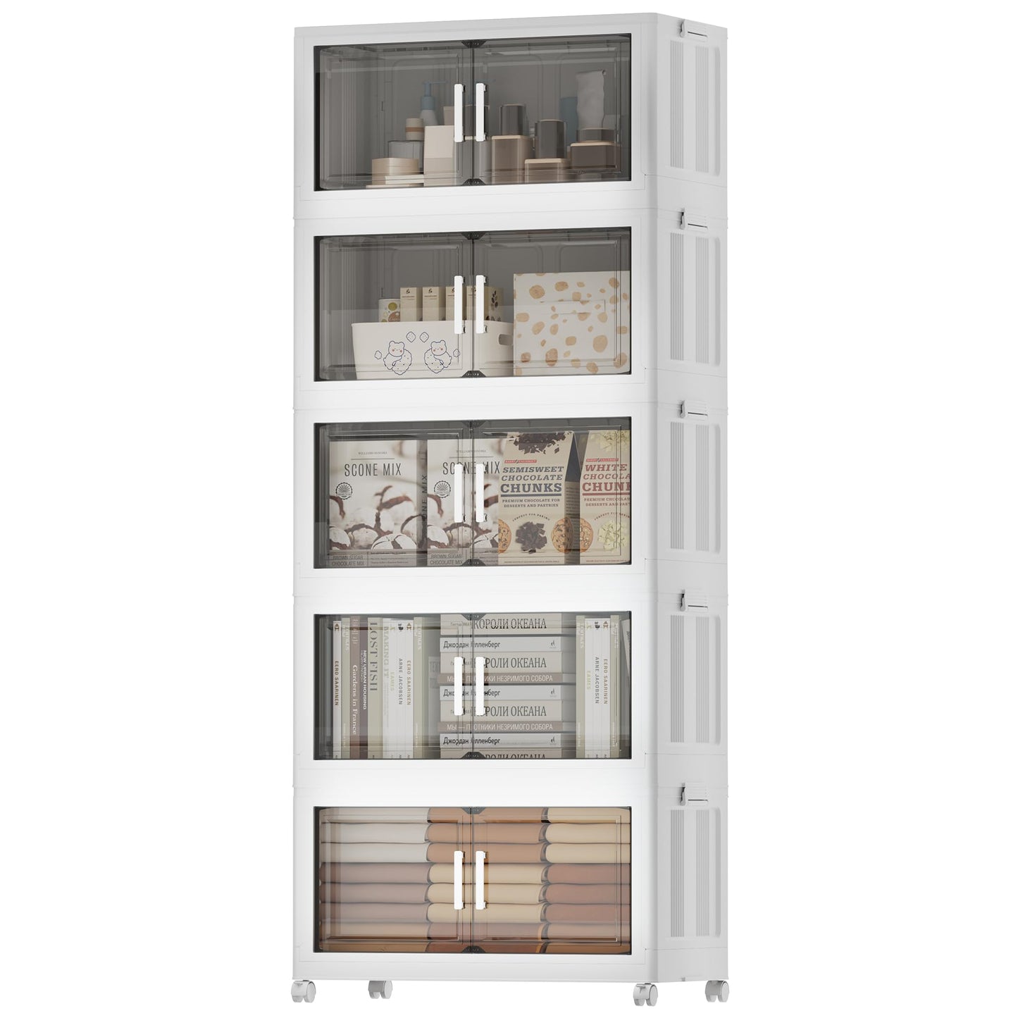 Naviconvex Storage Boxes with Lids, 5 Tier 300L Plastic Storage Box with Magnetic Doors and Wheels, Stackable Storages Boxes