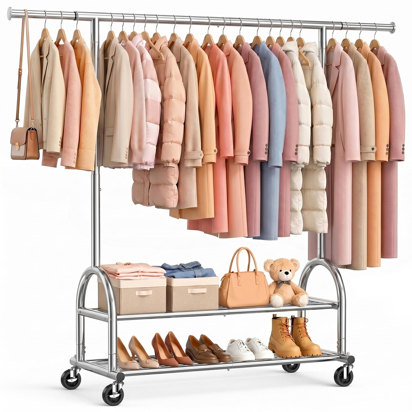 EAGMAK Heavy Duty Clothes Rail Load 252 KG, Rolling clothing Rail with Sturdy Wheels and 2 Shelves, Height Adjustable Metal Coat Racks
