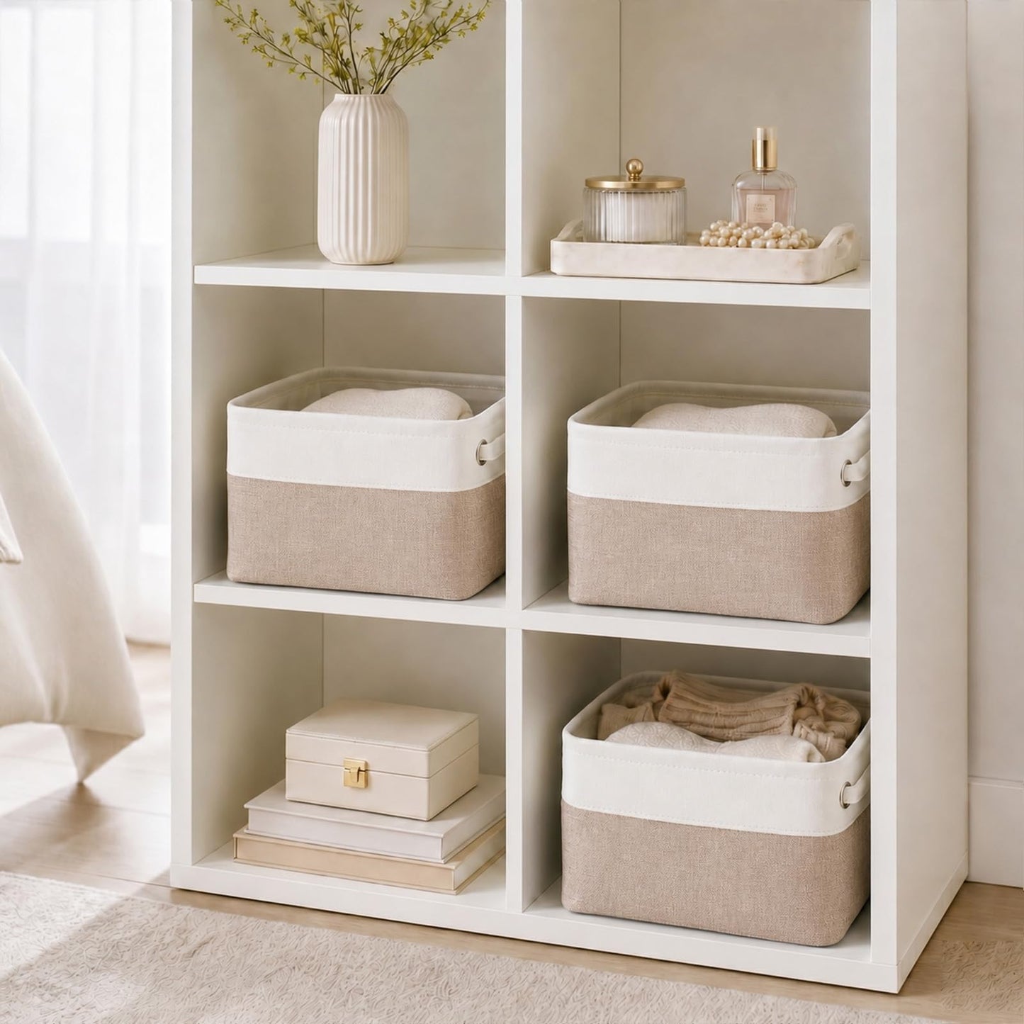 Mangata Fabric Storage Basket with Handles, Light Khaki White S