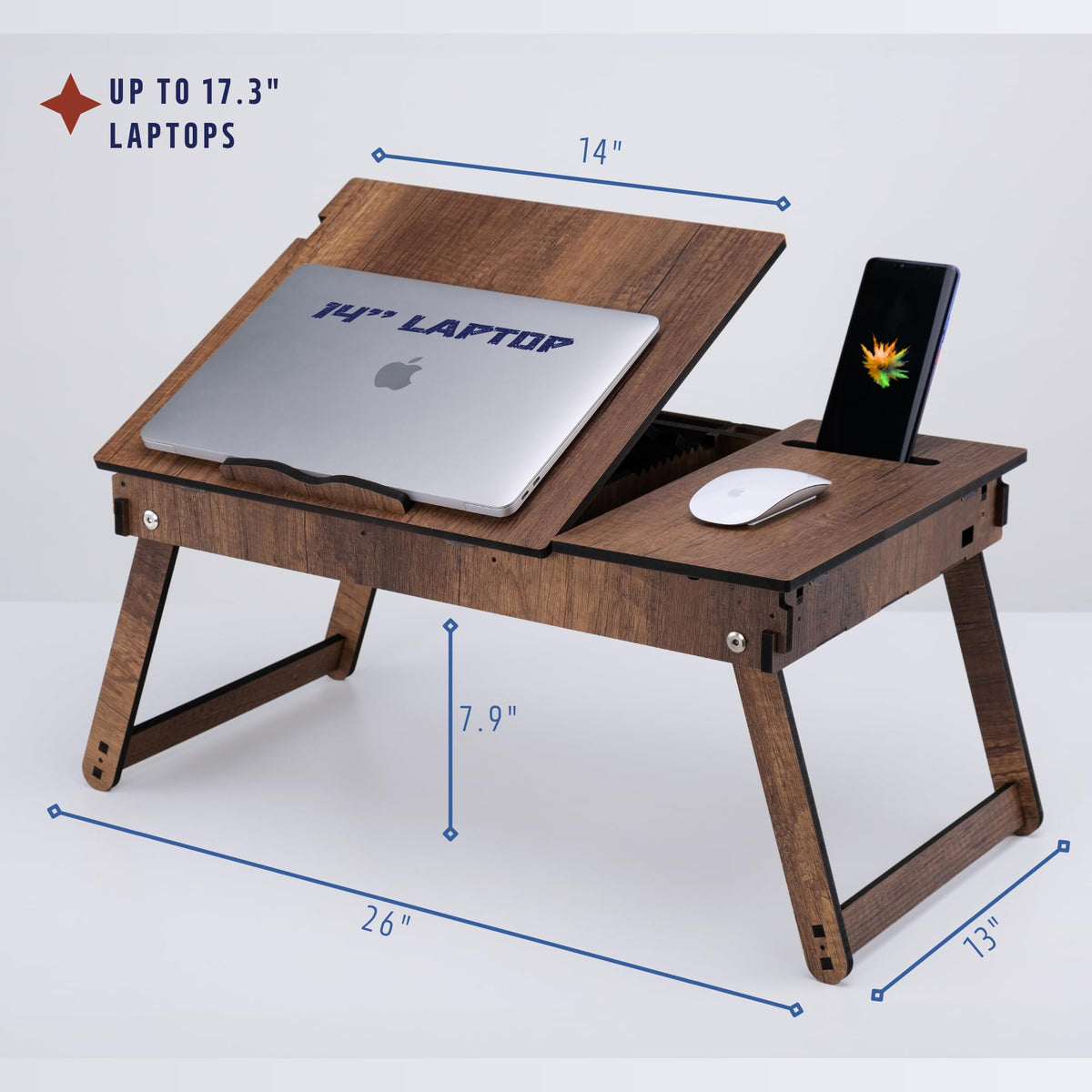 Vigo Wood Laptop Stand for Bed, Adjustable Laptop Lap Desk and Lap Tray with Built-in Storage, Foldable and Ergonomic Design for Reading, Writing, and