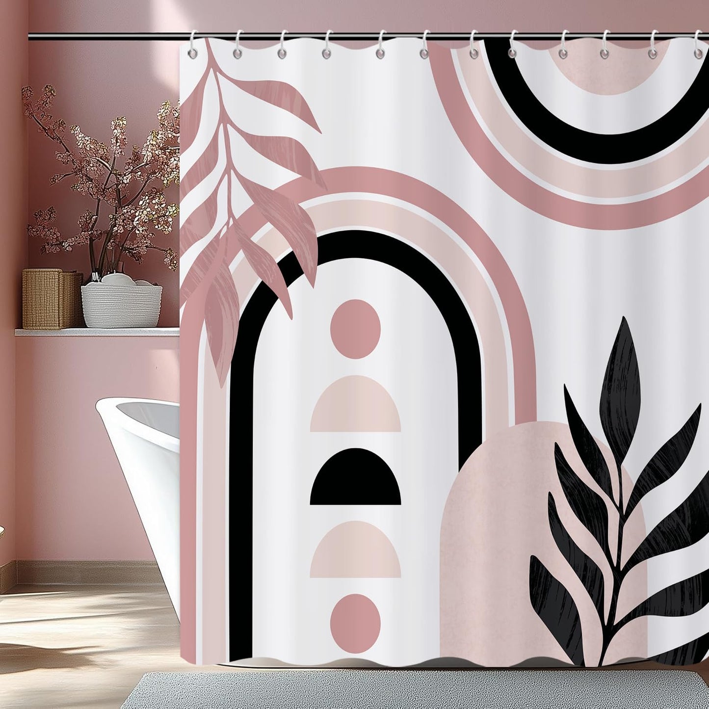GCIREC Shower Curtain, 180x200cm, Pink White Mid Century Modern Abstract Art Boho Geometric Waterproof Fabric Machine Washable Bathroom Curtain with