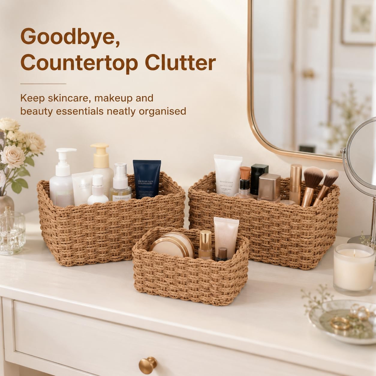 Purecas Woven Storage Baskets 4-Piece Set Stackable (4 Sizes Brown)