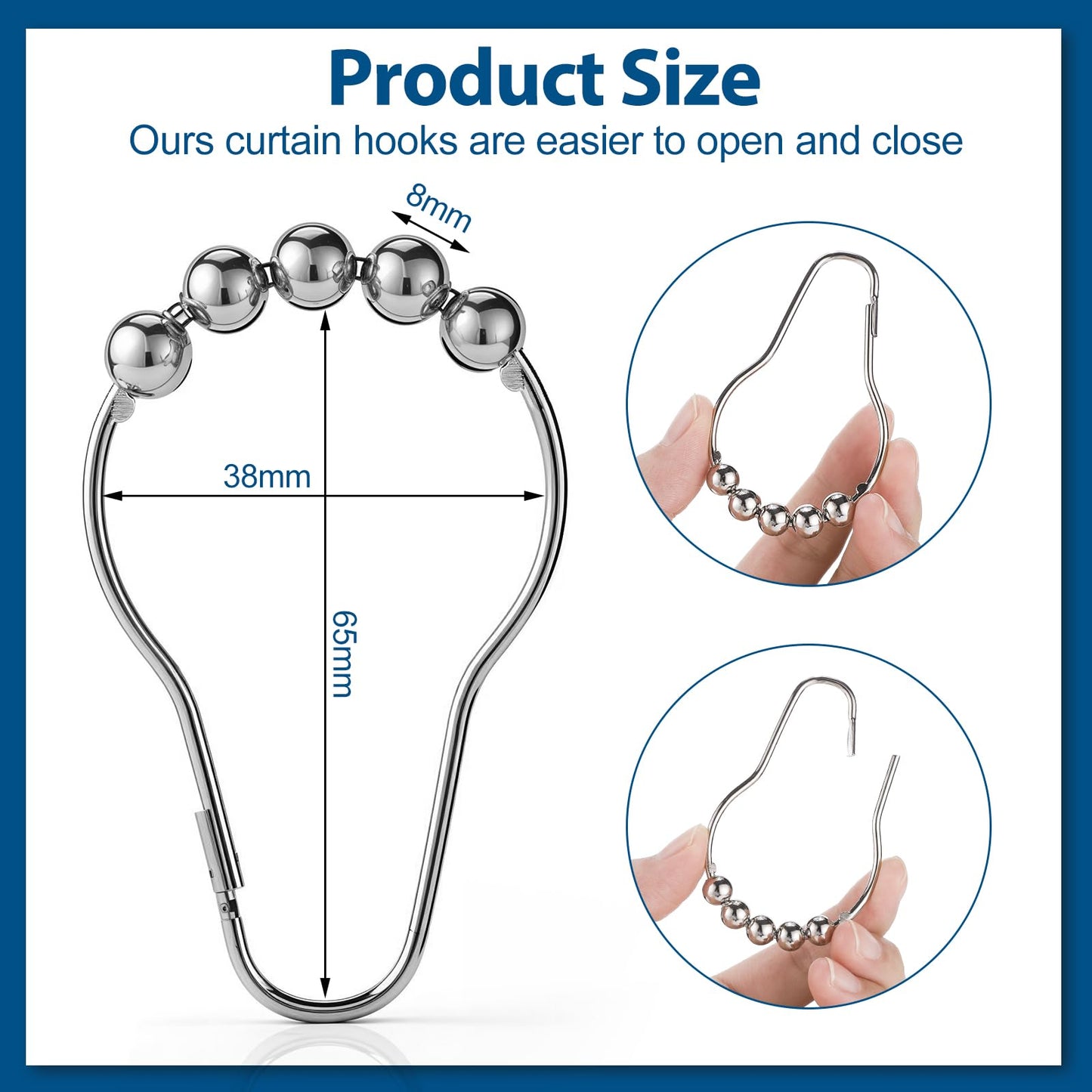 12 Pack Shower Curtain Rings, Stainless Steel Hooks, 1.5 Inch, Silver