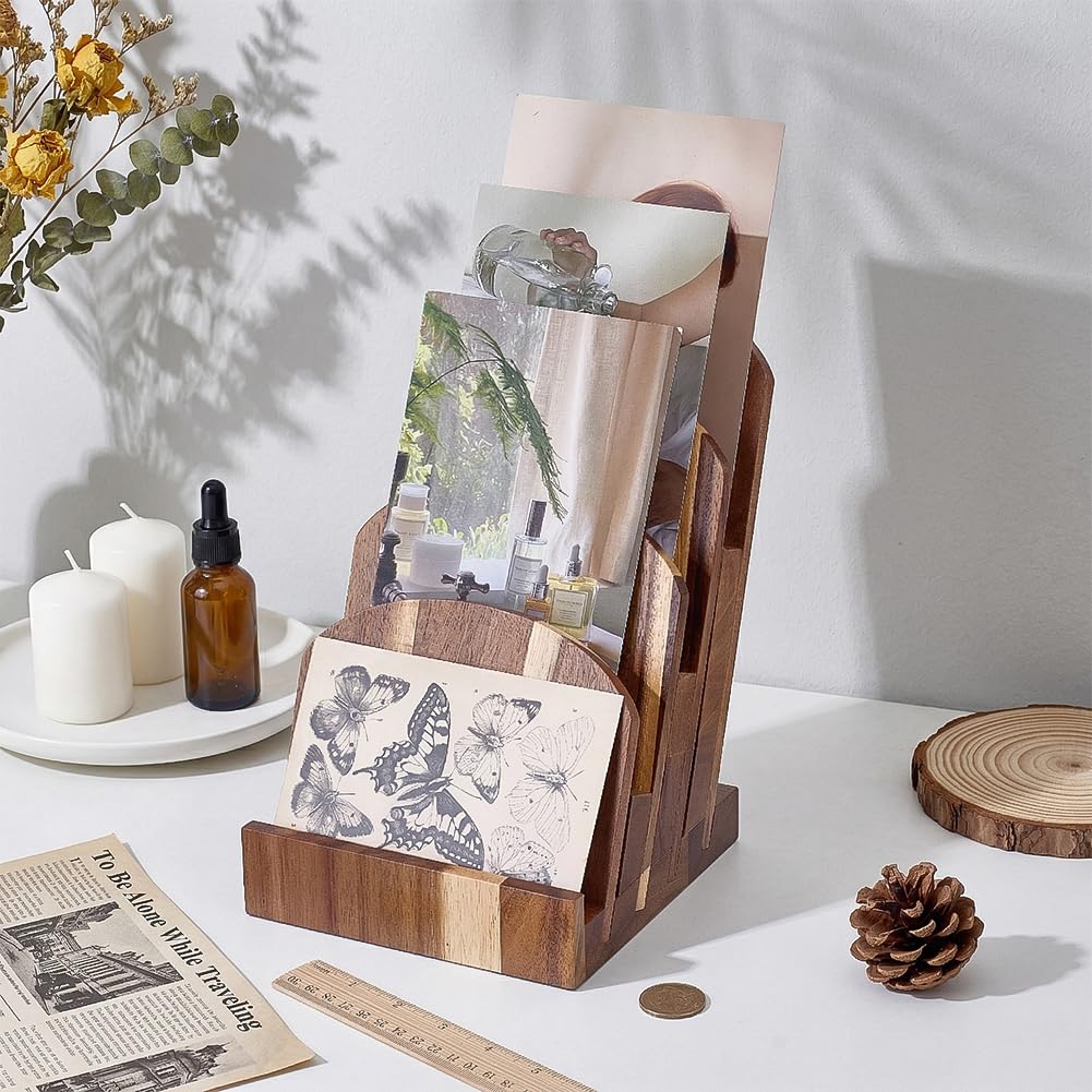 PH PandaHall 4-Tier Acacia Wood Brochure Holder Magazine Display Stand Flyer Organizer Rack Postcard Display Holder Literature Stand for Booklets