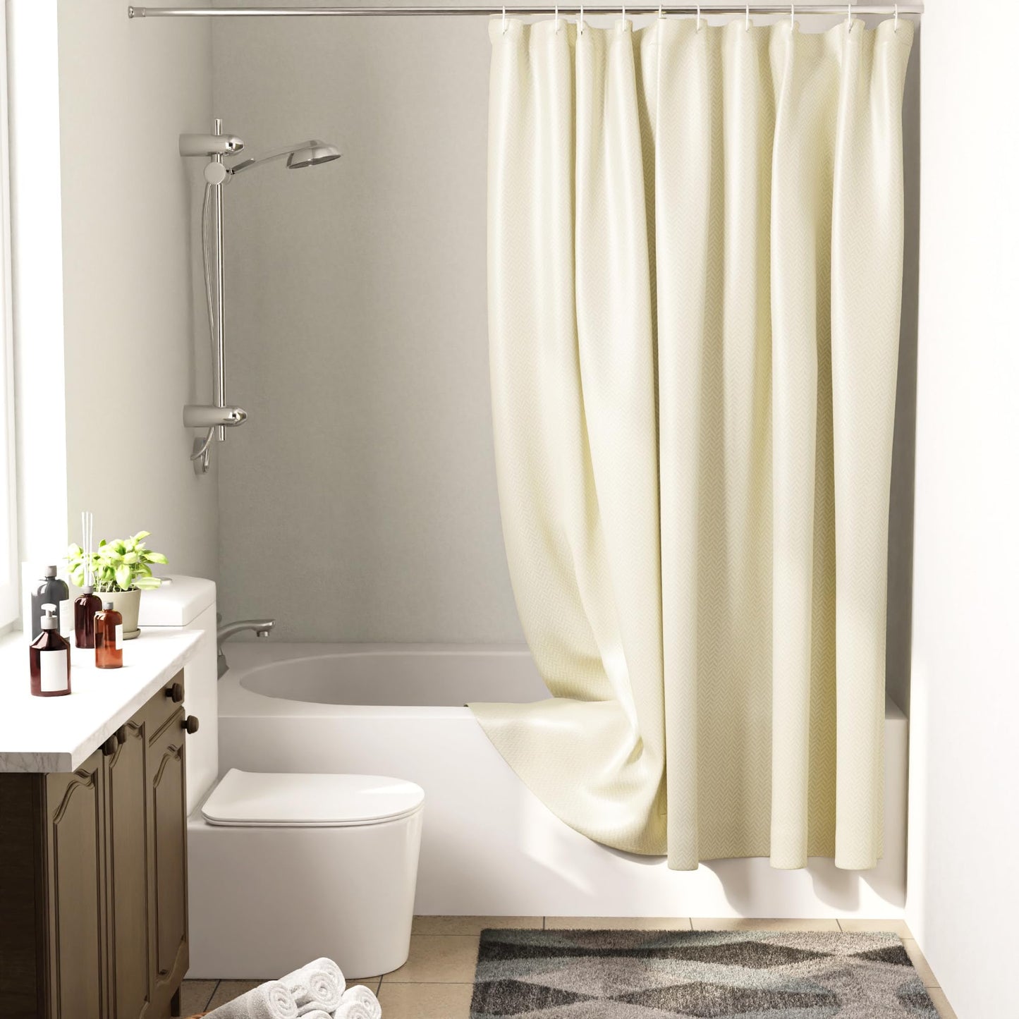 Encasa XO Luxury Jacquard Shower Curtain ZZ Cream 72x72 in | Rustproof, Wrinkle-Free, Water-Repellent & Machine Washable | Elegant Heavy Fabric for