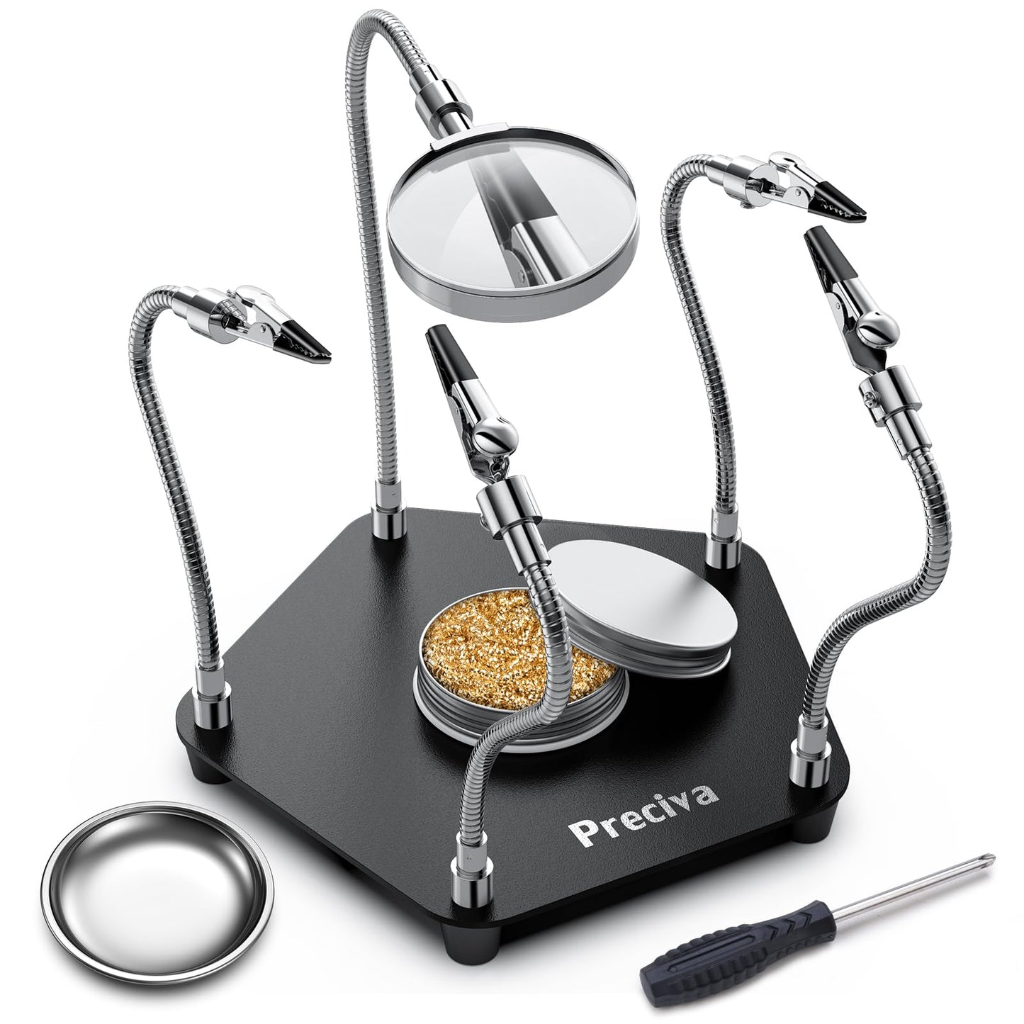 Third Hand Soldering Tool, Preciva Magnetic Helping Hands for Assembly, 4 Flexible Welding Auxiliary Alligator Clamps and Magnifying Glass, Clamp