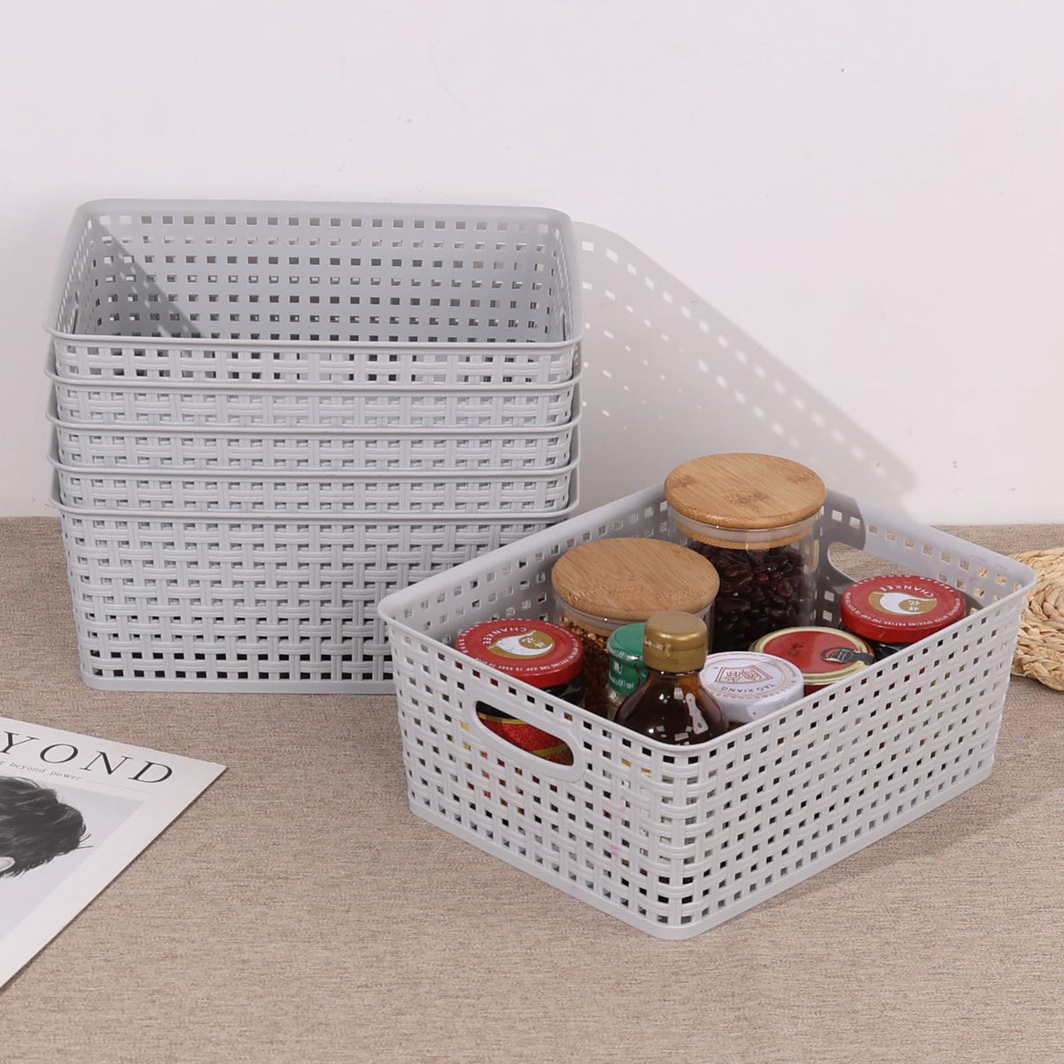 Farmoon 6 Pack Plastic Woven Storage Baskets, Cupboard Storage Basket, Grey