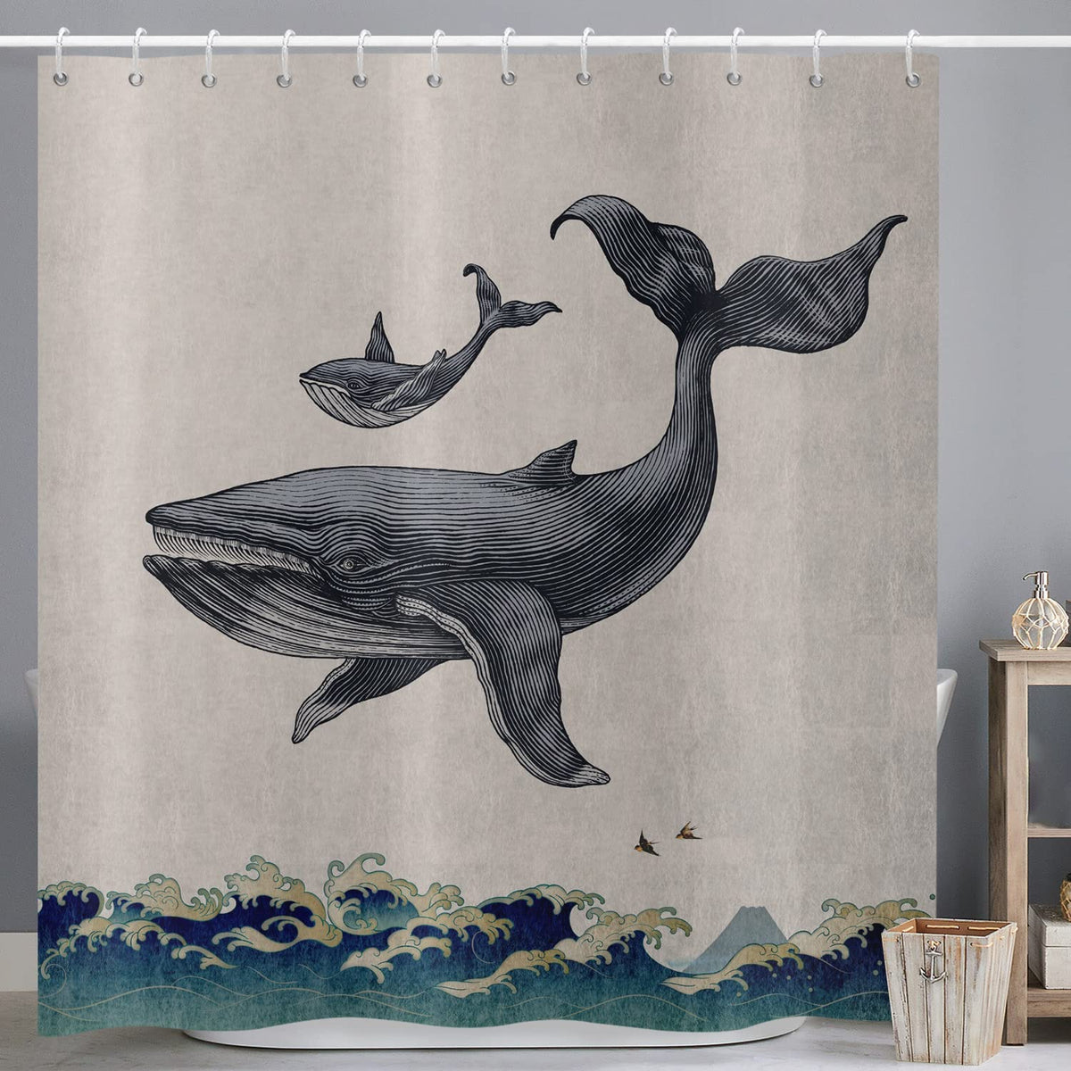 ASDCXZ Shower Curtain Fish 180x180 cm, Hand Painted Marine Animals Whale Fish Sea Wave Beige Washable Bath Shower Curtains Polyester Textile