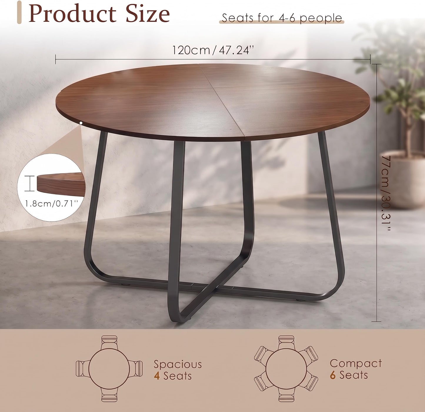 Turosur 47'' Round Dining Table with Walnut Wood Tabletop & Metal Legs