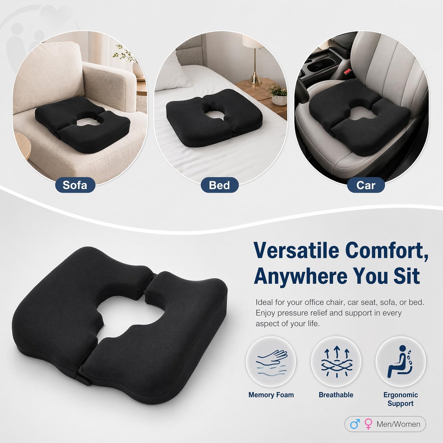 Memory Foam Coccyx Cushion with T-Shaped Cutout for Tailbone Pain Relief