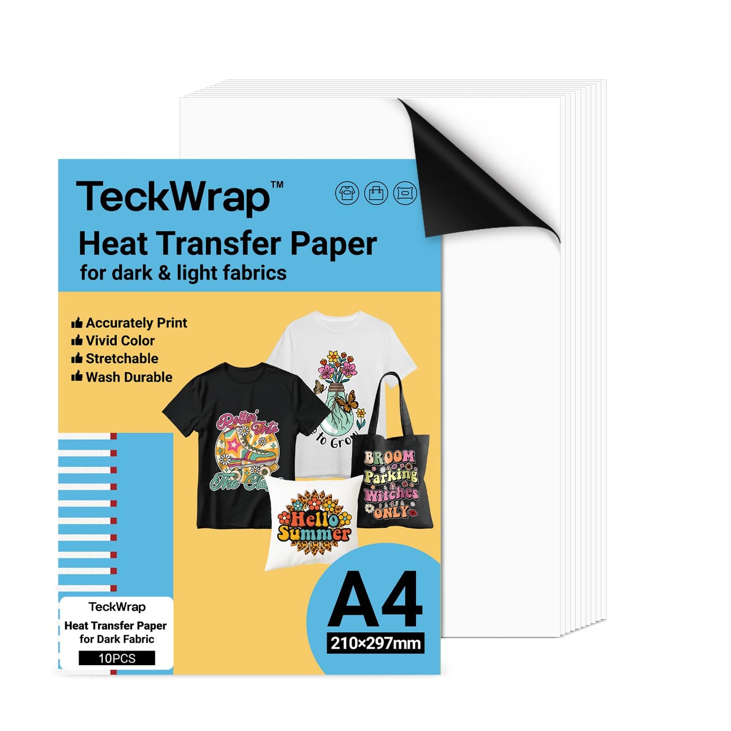 TECKWRAP Premium Inkjet T Shirt Heat Transfer Paper A4 x 10 Sheets for Dark or Light Fabric Iron On Transfer Paper 210mm x 297mm